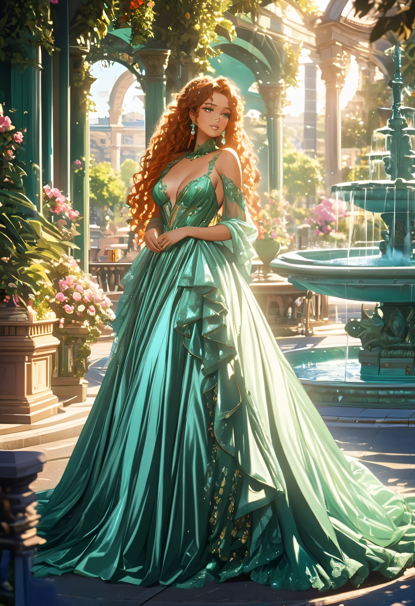  Beautiful girl, anime,  sexy, curvy shapes, Charming, flirts, Gorgeous,  perfect anatomy ,  Beautiful facial features , dressed in a dress, Velvet green colors ,  Lush curly hair ,  Light Makeup , decorations,  Column background with fountain and beautiful flowers,  sunny day, warm, bright colors,  better quality ,  masterpiece fails, 8 k,  as much detail as possible ,  complicated details,