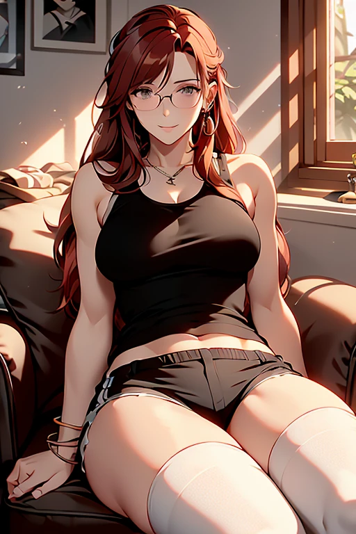 red haired woman dressed with socks, shorts and a tank top sitting in a chair, 1girl, indoors, solo, glasses, thighhighs, long hair, shorts, jewelry, white thighhighs