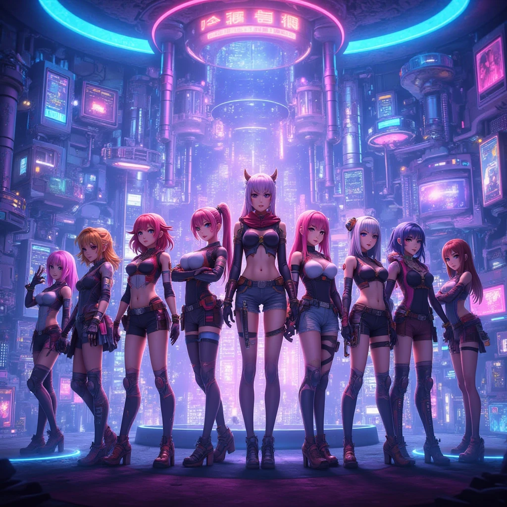 Robot Girl Android Sad Woman Beautiful sexy girl with yellow eyes Cyborg stands half-turn sideways Sadness Anime Style black background mechanical girl in a pink suit with small yellow elements, Cyberpunk robot costumes pink hair , fur girl half cyborg with cleavage and pink panties, bare thighs, black background image night black city pink neon lights