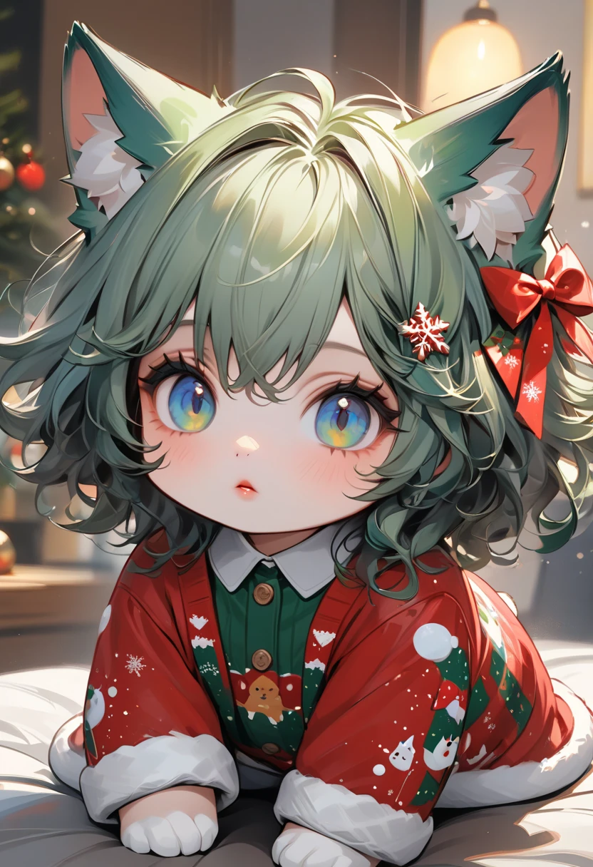 {{{{{best quality, masterpiece}}}}}, {{{{{painterly, art, perfect art, extremely detailed, huge filesize, very aesthetic}}}}}, chibi,cat kemonomimi,christmas clothing,green hair, block clothes