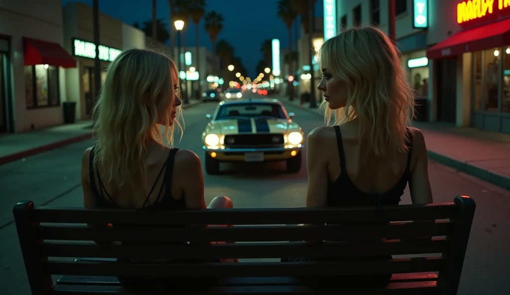 First-person view from the park bench, capturing a frail, drug-addicted young blonde woman sitting on the backrest with her feet on the seat. In the distance, on a wide, busy street in Los Angeles, a vintage Ford Mustang is stopped, seen from the side. Inside the car, a group of young, bad-boy guys with cocky expressions are visible through the open windows, their silhouettes highlighted by the neon glow from nearby signs. The street is lined with scattered trash and faint graffiti, with the faint buzz of nightlife adding a tense, gritty energy to the urban scene