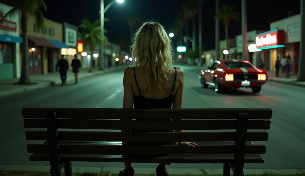 First-person view from the park bench, capturing a frail, drug-addicted young blonde woman sitting on the backrest with her feet on the seat. In the distance, on a wide, busy street in Los Angeles, a vintage Ford Mustang is stopped, seen from the side. Inside the car, a group of young, bad-boy guys with cocky expressions are visible through the open windows, their silhouettes highlighted by the neon glow from nearby signs. The street is lined with scattered trash and faint graffiti, with the faint buzz of nightlife adding a tense, gritty energy to the urban scene