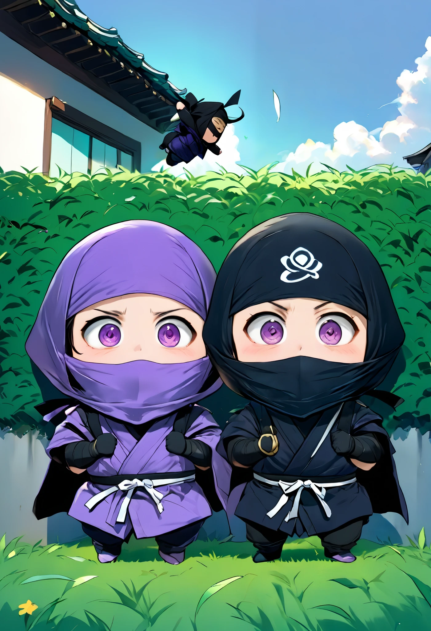  small mascot character artwork ,  boy in purple ninja cosplay, Clumsy character ,  ninja trying to hide in ninjutsu and failing,  they intend to hide behind grass taller than the ninja,  their faces are slightly visible from behind the grass ,  the ninja is excited and has a rough snort and can't hide their breath , Passers-by find out my identity and I'm surprised, Passers-by flying when they see a ninja , Vacant lot in a residential area , One ninja has two passers-by ,  it's about time of nightfall 。