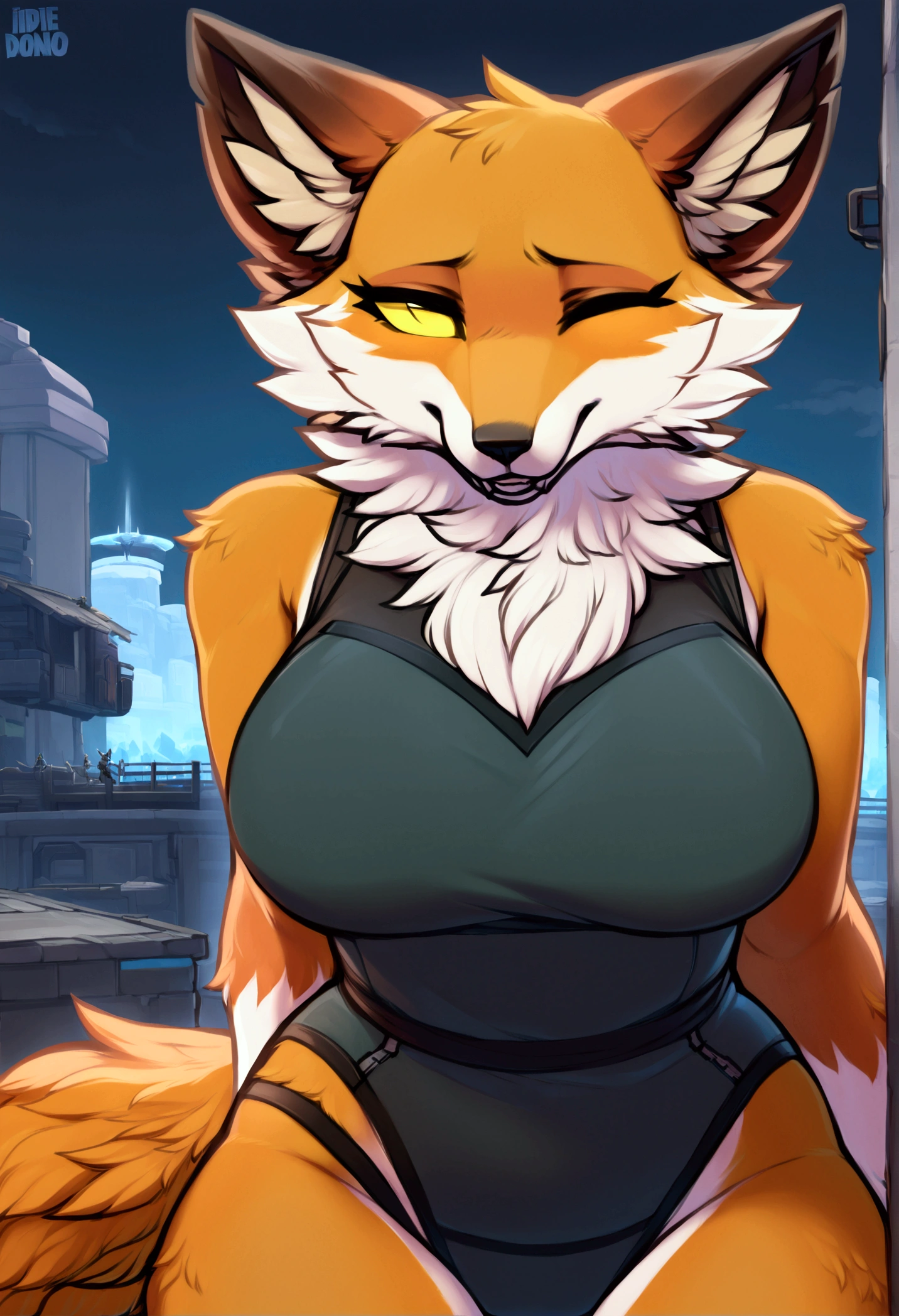 Diane is a tall, beautiful, pear-shaped ginger-furred anthropomorphic red fox, possessing pale-apricot patches lightly placed around her eyes, muzzle to her chest, insides of her pointy ears, the front of her paws, and the tip of her bushy tail. She has the traditional fluffy face-fur and black lip-liner, sharp black eyebrows with the left one having two small, circular-shaped silver piercings, tiny black claws and a small dusty-pink nose. Her most distinctive feature is her wide oval-like eyes, which possesses emerald irises and small yet fluttery-like eyelashes. anthro fox, female, adult, orange fur, buffed body, tail, y, beefy body, furred body, furry chest hair, realistic, full body, photorealistic, ultra realistic, 8k, night, bare-chested