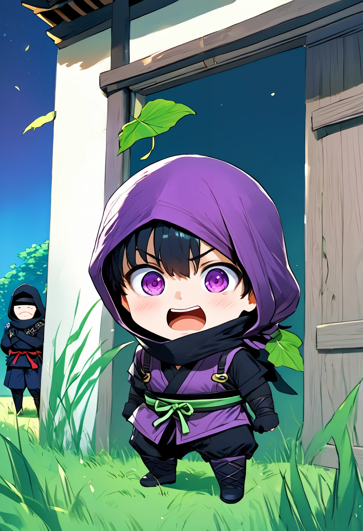  small mascot character artwork ,  boy in purple ninja cosplay, Clumsy character ,  ninja trying to hide in ninjutsu and failing,  they intend to hide behind grass taller than the ninja, Ninja who intends to demonstrate this art of hiding leaves,  their faces are slightly visible from behind the grass ,  the ninja is excited and has a rough snort and can't hide their breath , Passers-by find out my identity and I'm surprised, Passers-by flying when they see a ninja , Vacant lot in a residential area , One ninja has two passers-by ,  it's about time of nightfall 。