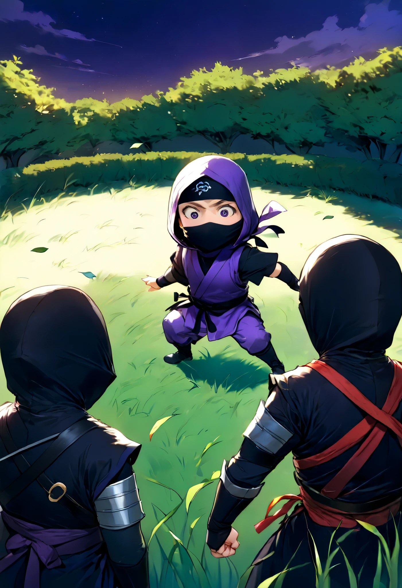  small mascot character artwork ,  boy in purple ninja cosplay, Clumsy character ,  ninja trying to hide in ninjutsu and failing,  they intend to hide behind grass taller than the ninja, Ninja who intends to demonstrate this art of hiding leaves,  their faces are slightly visible from behind the grass ,  the ninja is excited and has a rough snort and can't hide their breath , Passers-by find out my identity and I'm surprised, Passers-by flying when they see a ninja , Vacant lot in a residential area , One ninja has two passers-by ,  it's about time of nightfall 。