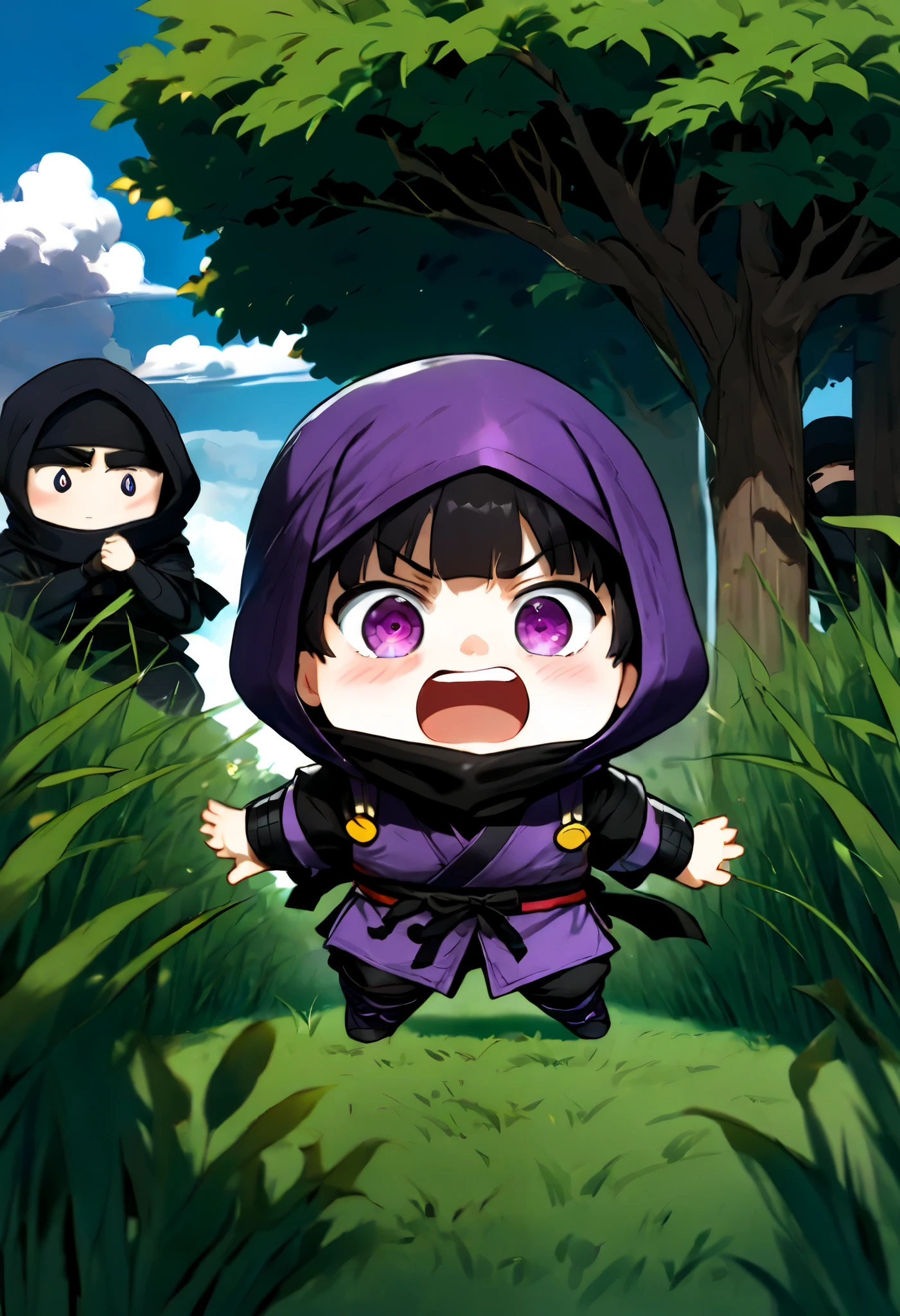  small mascot character artwork ,  boy in purple ninja cosplay, Clumsy character ,  ninja trying to hide in ninjutsu and failing,  they intend to hide behind grass taller than the ninja, Ninja who intends to demonstrate this art of hiding leaves,  their faces are slightly visible from behind the grass ,  the ninja is excited and has a rough snort and can't hide their breath , Passers-by find out my identity and I'm surprised, Passers-by flying when they see a ninja , Vacant lot in a residential area , One ninja has two passers-by ,  it's about time of nightfall 。