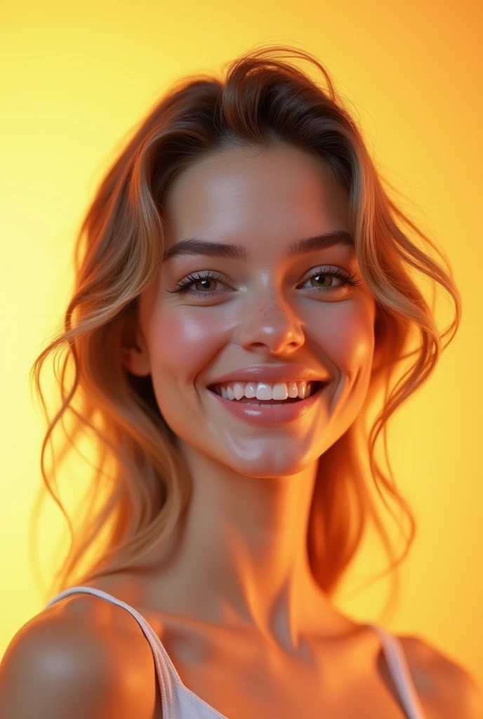 ((masterpiece)), ((Highest quality)), (Portrait of a beautiful girl), Eye for perfect detail, Face in perfect detail, Very elaborate nose, Open your mouth, Radom Color Shorts, Perfect Teeth, Exposing shoulders, Charm, Perfect Face, Dimples on cheeks, Depth of written boundary, High resolution, ((Realistic skin texture)), (Well-proportioned hands), Thin lips, Random color hair, Floating multicolored hair, Narrow waist, Orange pastel background