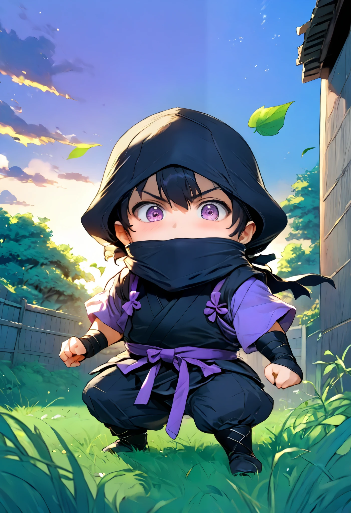  small mascot character artwork ,  boy in purple ninja cosplay, Clumsy character ,  ninja trying to hide in ninjutsu and failing,  they intend to hide behind grass taller than the ninja, Ninja who intends to demonstrate this art of hiding leaves,  their faces are slightly visible from behind the grass ,  the ninja is excited and has a rough snort and can't hide their breath , Passers-by find out my identity and I'm surprised, Passers-by flying when they see a ninja , Vacant lot in a residential area , One ninja has two passers-by ,  it's about time of nightfall 。