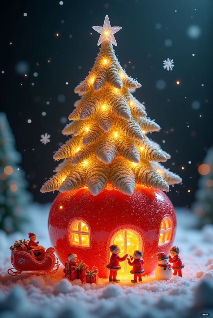 A red apple-shaped house with a giant Christmas tree on top, wrapped in golden fairy lights glowing warmly. The tree branches are adorned with small snowflake ornaments. The windows of the house emit a soft yellow light, and in front of the door, a group of tiny figures dressed in Christmas costumes are busy: one decorates the door frame, another unloads a large sack of presents from a sled, while a third places a scarf on a snowman. In the background, a snow-covered forest fades into the distance, with delicate snowflakes falling from the sky.