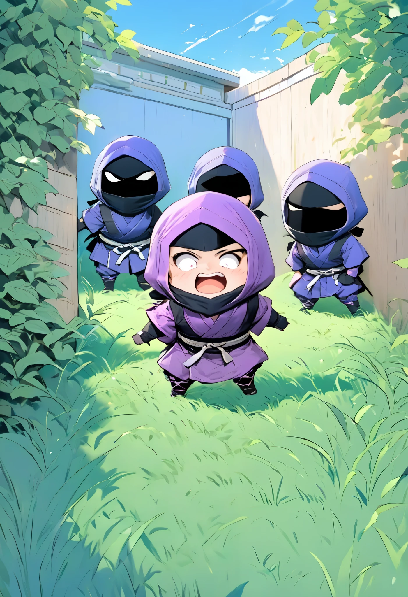  small mascot character artwork ,  boy in purple ninja cosplay, Clumsy character ,  ninja trying to hide in ninjutsu and failing,  they intend to hide behind grass taller than the ninja, Ninja who intends to demonstrate this art of hiding leaves,  their faces are slightly visible from behind the grass ,  the ninja is excited and has a rough snort and can't hide their breath , Passers-by find out my identity and I'm surprised, Passers-by flying when they see a ninja , Vacant lot in a residential area , One ninja has two passers-by ,  it's about time of nightfall 。