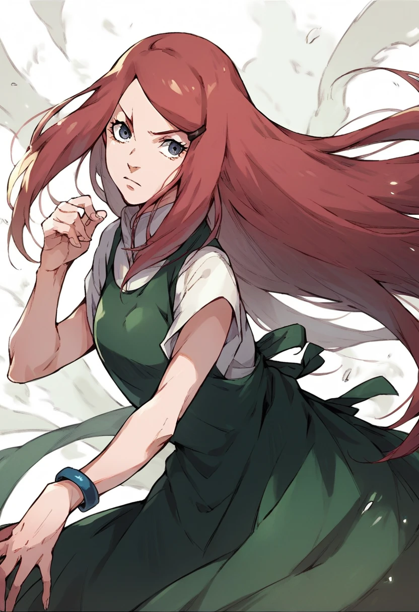 Kushina Uzumaki Kushina Uzumaki, long red hair, hair ornament, hairclip, blue eyes, swept bangs, green dress, white shirt, short sleeves, apron, blue bracelet, green apron,