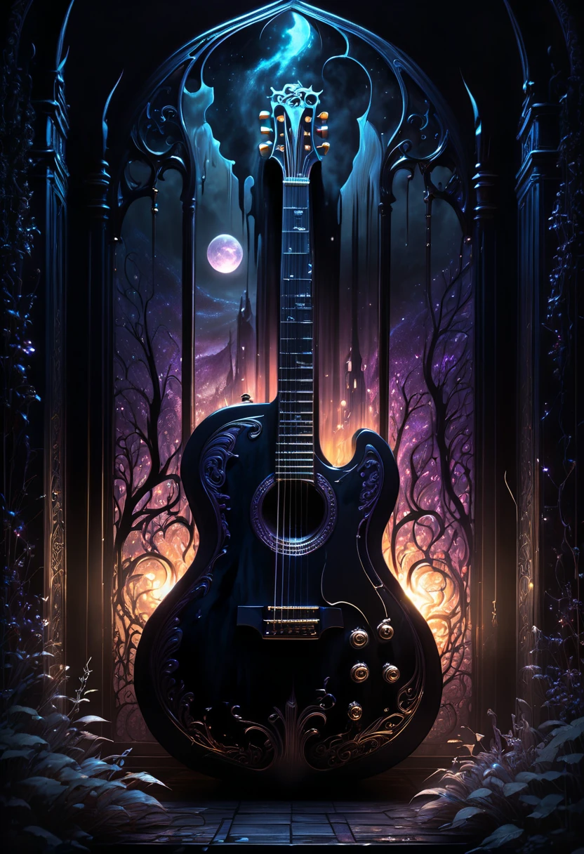 Midjourney, MJ, Midjourney style, poster, manga, anime, 
A mesmerizing dark fantasy illustration captures the essence of a hauntingly beautiful guitar, its silhouette starkly highlighted against an inky black background. The edge of the guitar is bathed in a chilling supernatural light, emanating from an enigmatic, otherworldly source. This eerie illumination creates a haunting ambiance, with the contrast between light and dark areas amplifying the captivating atmosphere. The ethereal glow and mysterious aura of the scene transport the viewer into a realm of fantasy and wonder, making this captivating illustration a true masterpiece of dark fantasy art. The intricate details and enchanting ambiance are sure to leave a lasting impression on all who behold it., dark fantasy 