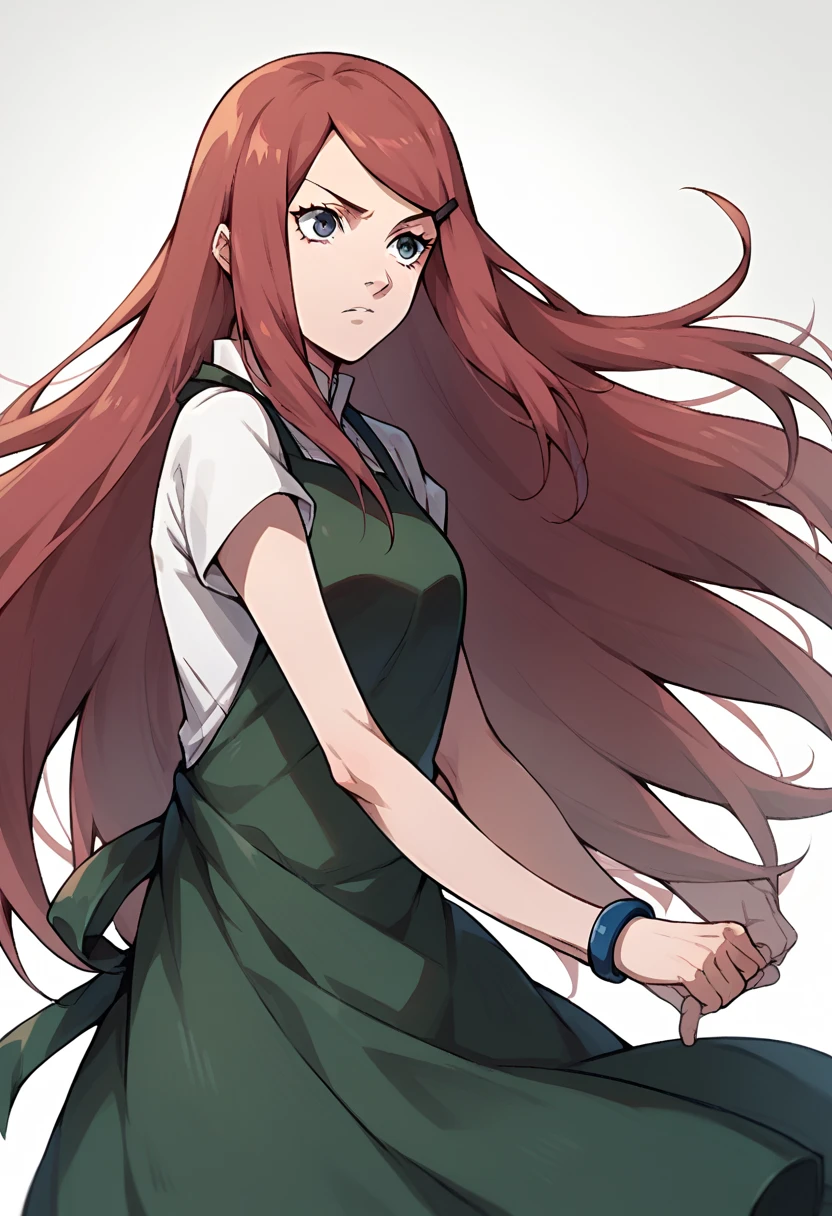 Kushina Uzumaki Kushina Uzumaki, long red hair, hair ornament, hairclip, blue eyes, swept bangs, green dress, white shirt, short sleeves, apron, blue bracelet, green apron,