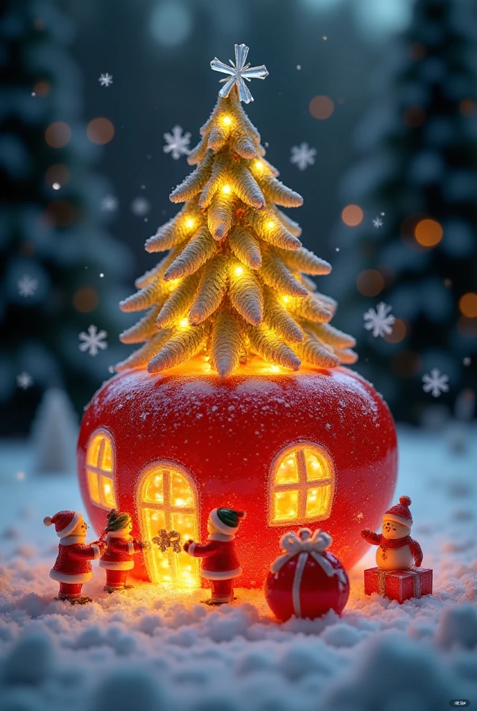 A red apple-shaped house with a giant Christmas tree on top, wrapped in golden fairy lights glowing warmly. The tree branches are adorned with small snowflake ornaments. The windows of the house emit a soft yellow light, and in front of the door, a group of tiny figures dressed in Christmas costumes are busy: one decorates the door frame, another unloads a large sack of presents from a sled, while a third places a scarf on a snowman. In the background, a snow-covered forest fades into the distance, with delicate snowflakes falling from the sky.