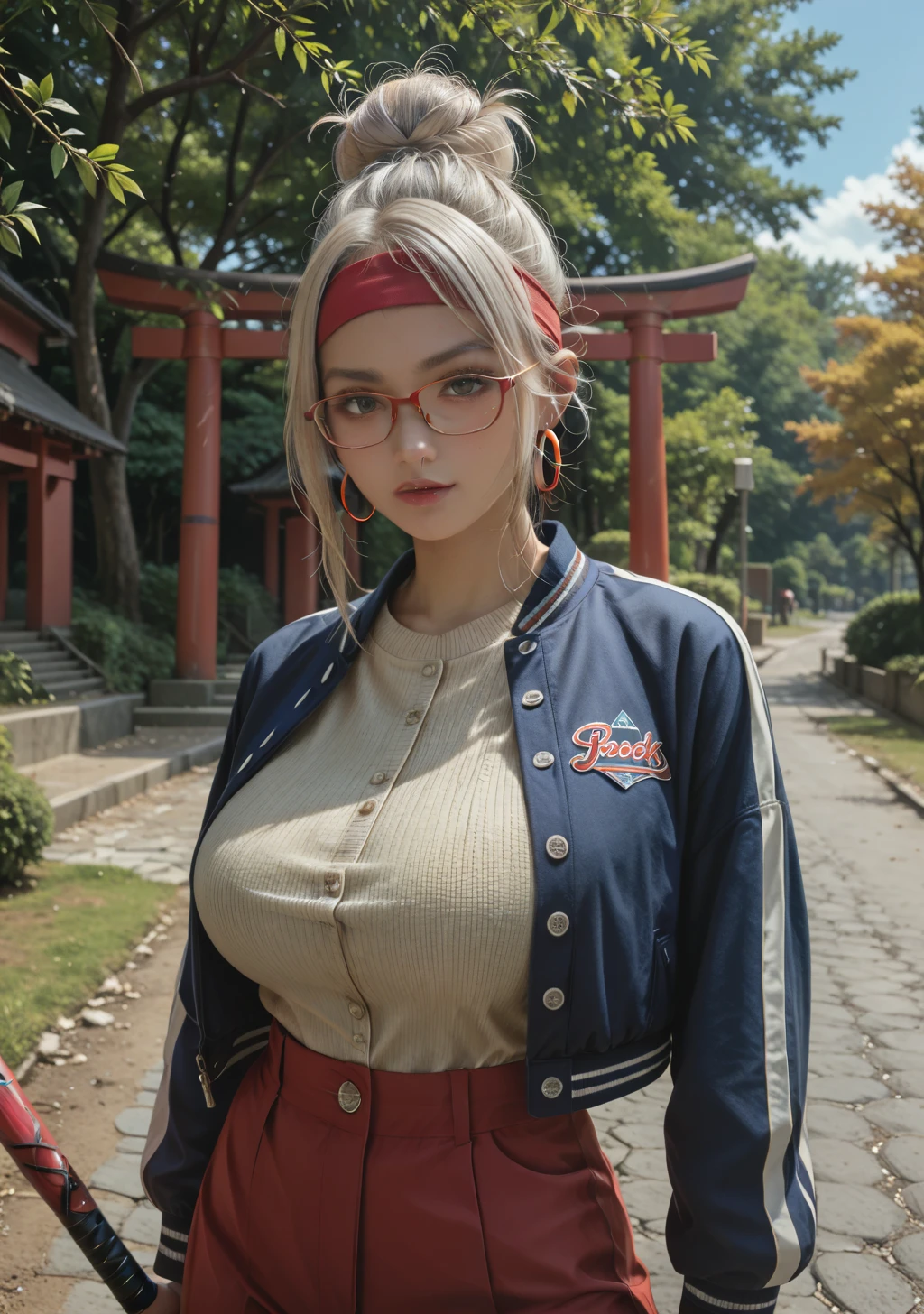 masterpiece, best quality, absurd, highres, cinematic light, 1 girl, Seiko_, white hair, long hair, red headband, big breasts, Red Glasses, hair bun, single hair bun, hoop earrings, jacket, letterman jacket, two-tone jacket, multicolored jacket, blue jacket, open jacket, yellow sweater, buttons, black cape, neckline , BREAKS soft light, baseball bat, over-the-shoulder gun, outdoors, blue sky, Torii, tree, standing, Looking at the viewer,