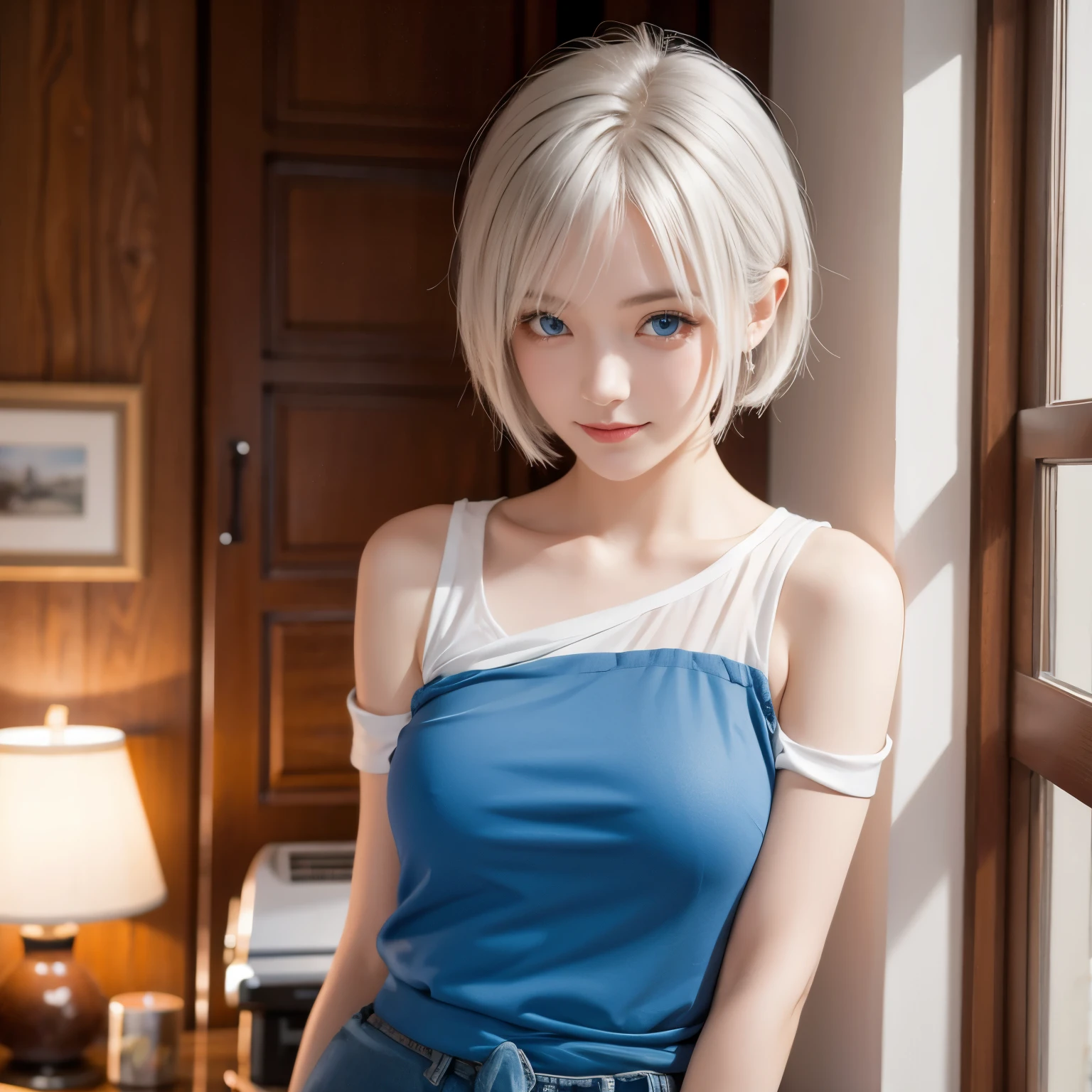 1 Girl, Bethel,  blue eyes, Bare shoulders, breast, medium breast, Short hair, White hair,  hair covers one eye,  bangs, Gloves, sleeveless,  unique , shirt, fingerless Gloves, white shirt, sleeveless shirt, Arms behind back, off shoulder, trumpet,  Smile, (masterpiece), ( Best Quality ), (Super Fine), indoors,  Simple background , Blue flowers, 