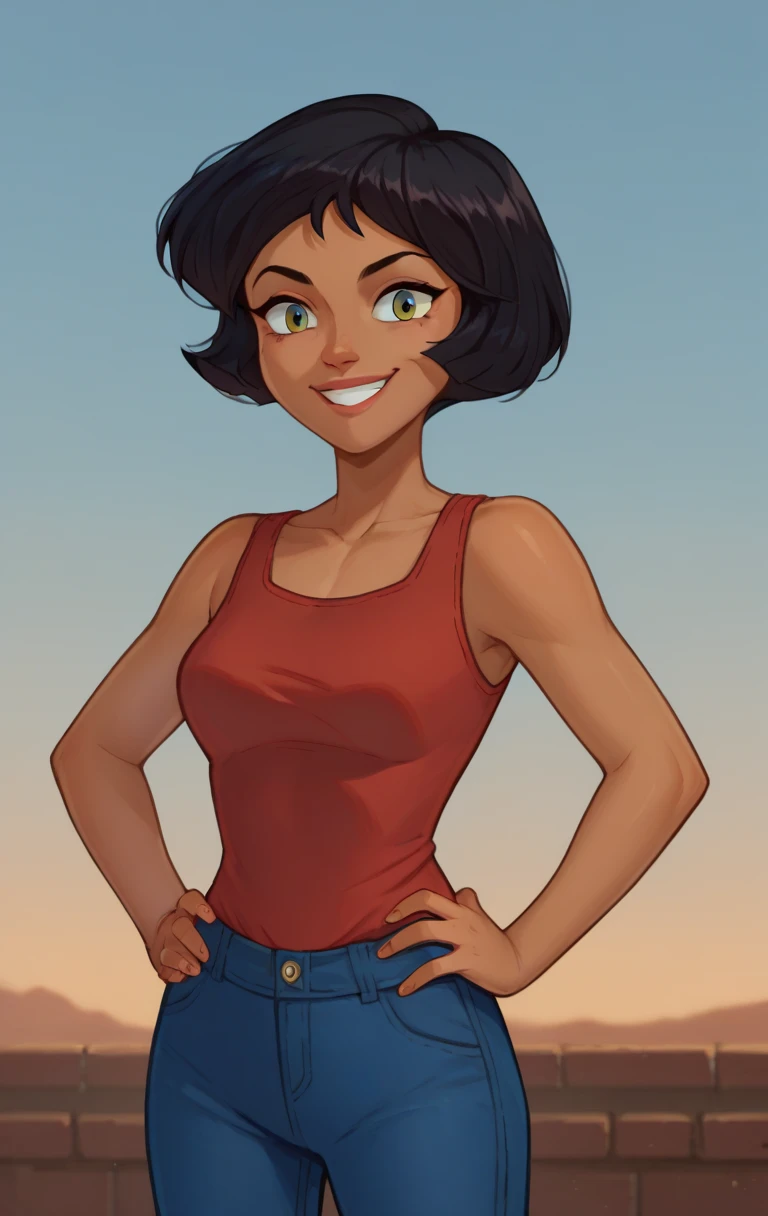 score_9,score_8_up,score_7_up BREAK AlexandraSPYSDXL,1girl,solo,smile,short hair,black hair,dark skin,dark-skinned female,cowboy shot, outside background, hands on hips, red tanktop, blue jeans