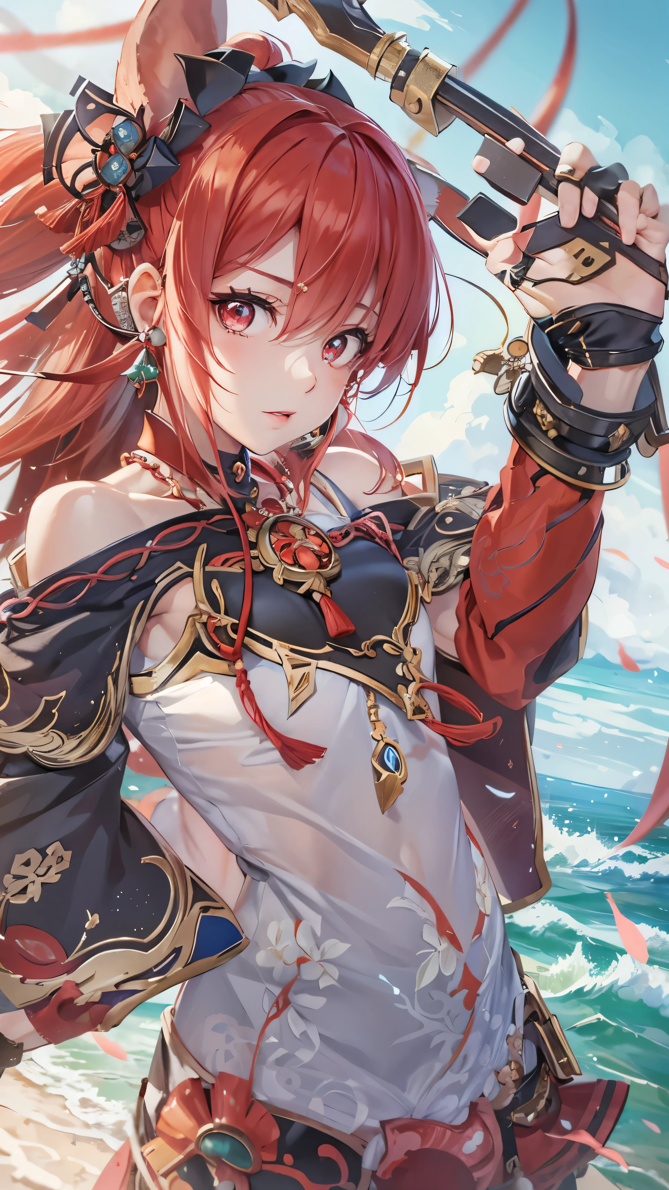 Nirou ( Genshin Impact),  Across the Ocean,  One girl ,  Blurred Background,   closed mouth, Bare arms,  Accessories, Bare sleeves, Bare shoulders, Red Hair,  Bracelet ,  necklace,  cowboy shot,  sideways