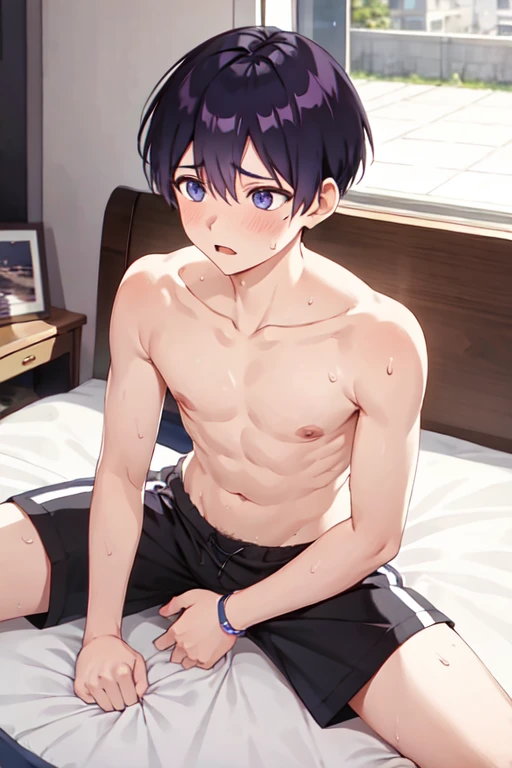 １４age　 one boy　 shirtless in the lobby　 lies down　 shorts　 uneasy expression　Sweaty　 bed
