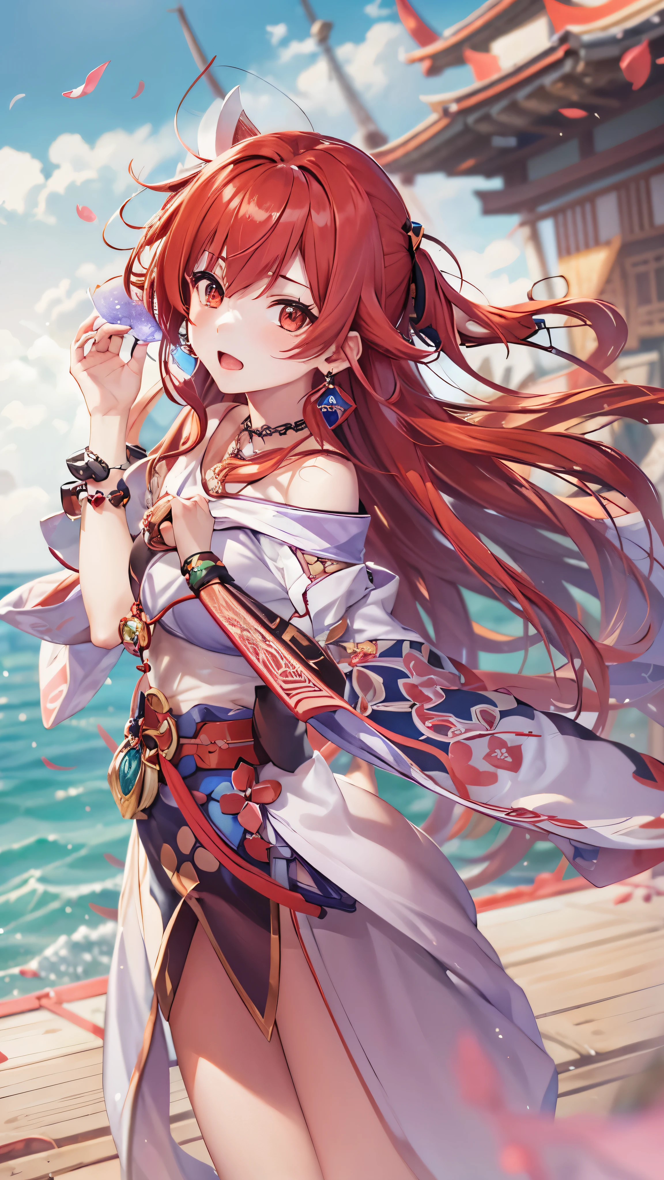 Nirou ( Genshin Impact),  Across the Ocean,  One girl ,  Blurred Background,   closed mouth, Bare arms,  Accessories, Bare sleeves, Bare shoulders, Red Hair,  Bracelet ,  necklace,  cowboy shot,  sideways