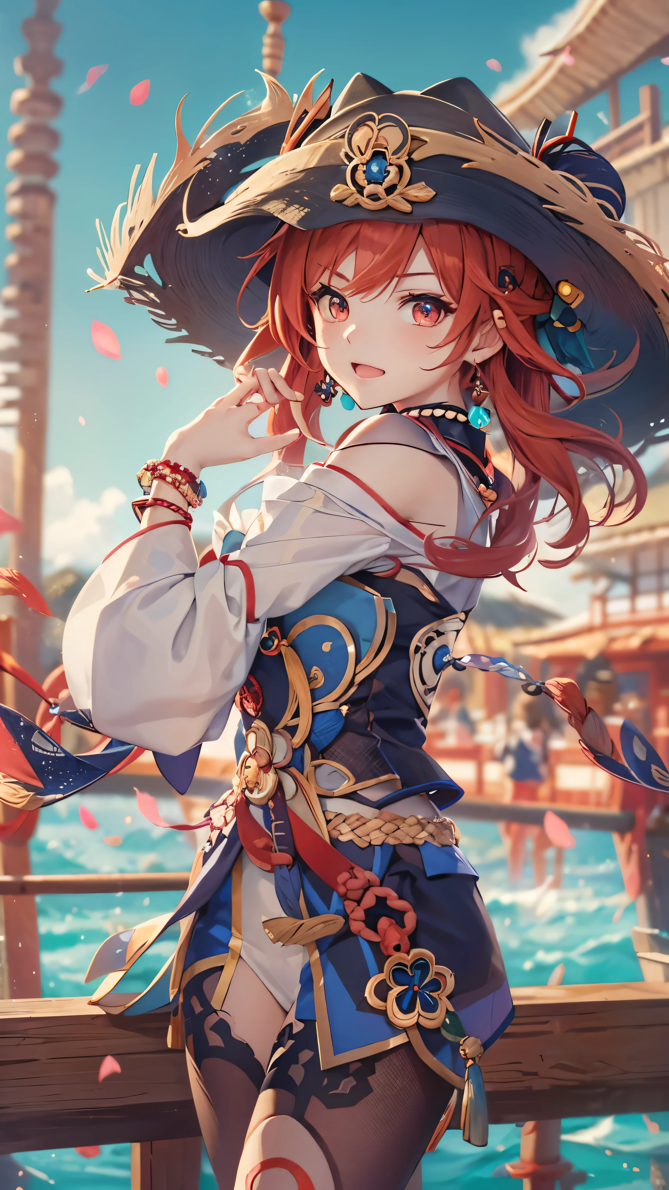 Nirou ( Genshin Impact),  Across the Ocean,  One girl ,  Blurred Background,   closed mouth, Bare arms,  Accessories, Bare sleeves, Bare shoulders, Red Hair,  Bracelet ,  necklace,  cowboy shot,  sideways