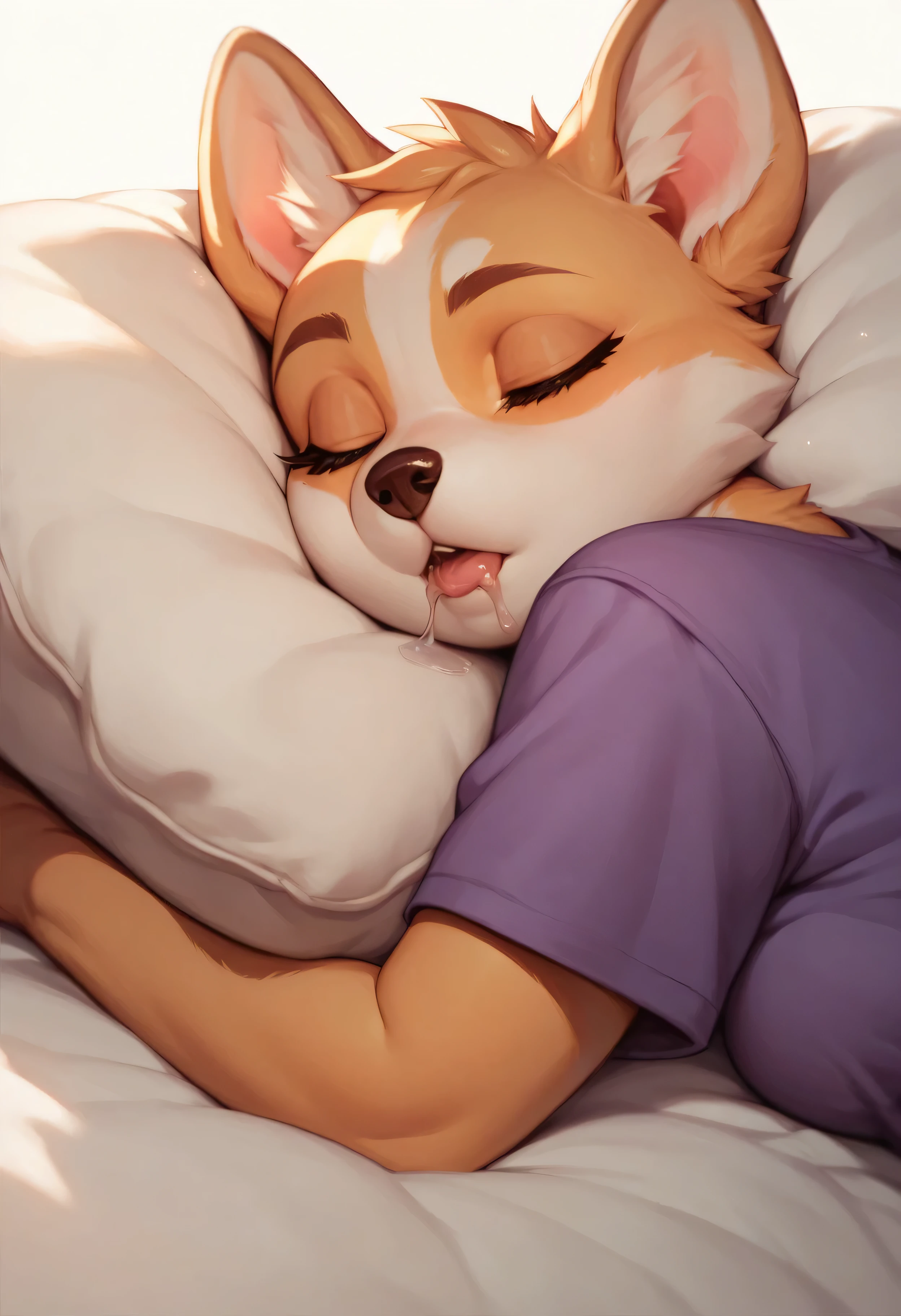 a female corgi, furry brown eyes, purple shirt, sleeping , drool, cute, white background