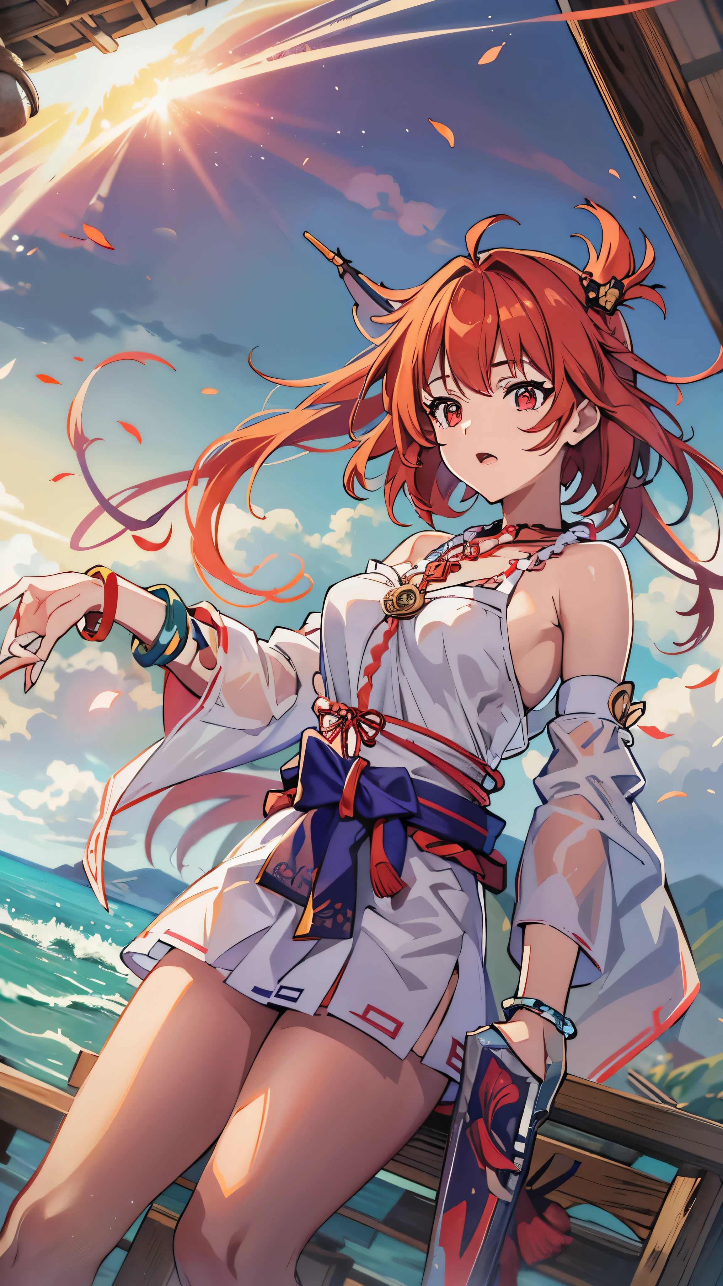 Nirou ( Genshin Impact),  Across the Ocean,  One girl ,  Blurred Background,   closed mouth, Bare arms,  Accessories, Bare sleeves, Bare shoulders, Red Hair,  Bracelet ,  necklace,  cowboy shot,  sideways