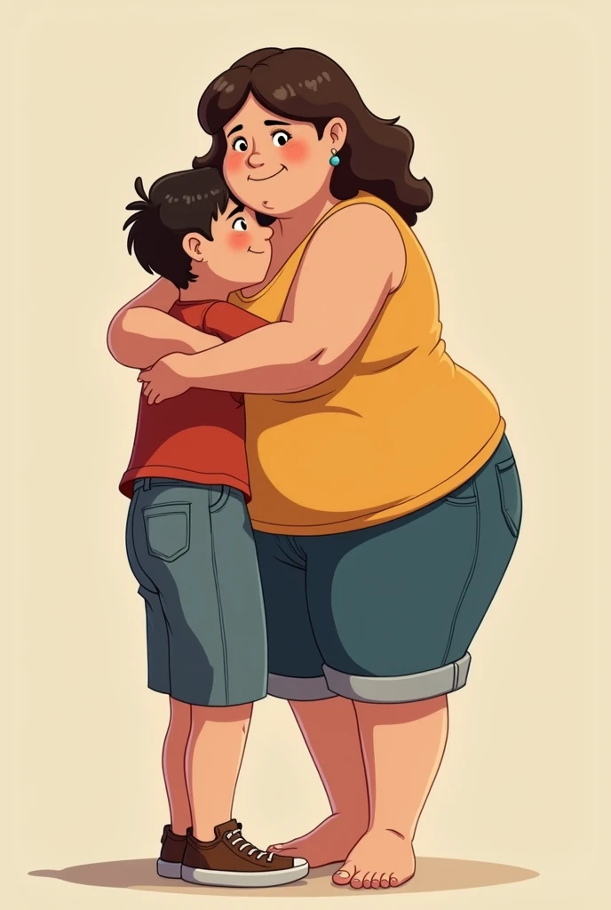 I want images of a girl with light brown skin, chubby, hair down to her shoulders next to a boy much taller than her with thin black and white hair