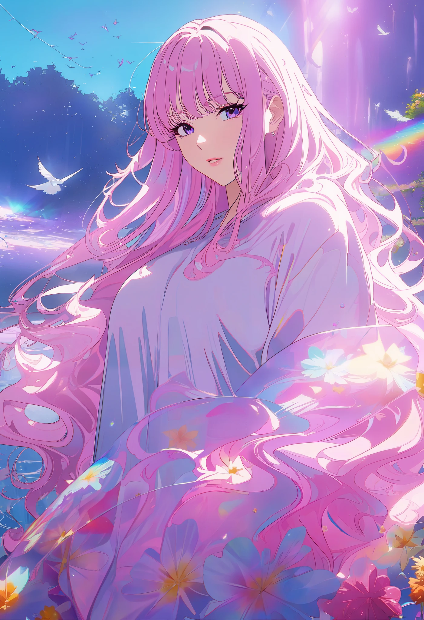 anime,  girl ,  sexy, Charming,  perfect anatomy ,  curvy hair , light, Beautiful Mike , in a sweatshirt,  Light Makeup , Darling, beautiful shapes,  background Summer day , Birds are flying,  beautiful pond , flowers,  masterpiece fails, 8 k,  complicated details, bright colors,  maximum quality,  better quality , HD,