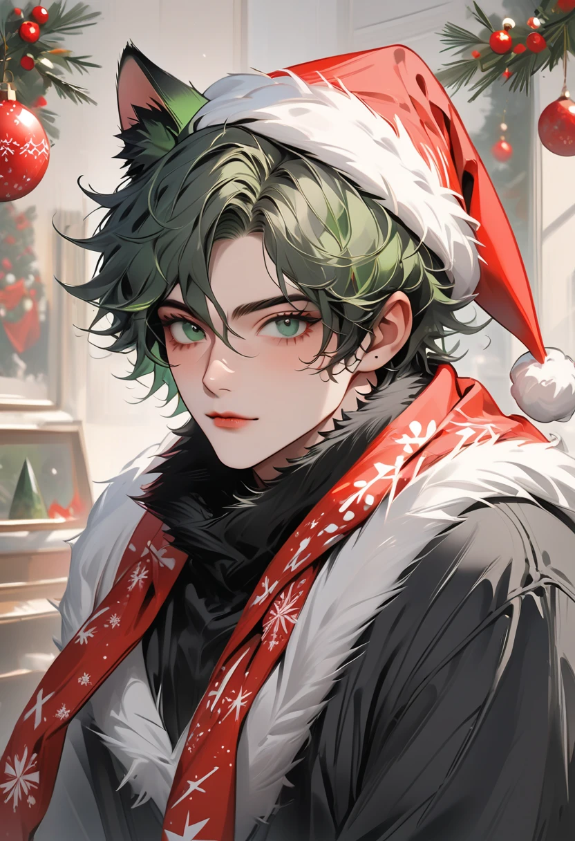 {{{{{best quality, masterpiece}}}}}, {{{{{painterly, art, perfect art, extremely detailed, huge filesize, very aesthetic}}}}}, ,cat kemonomimi,christmas clothing,green hair, black clothes, black fur,male