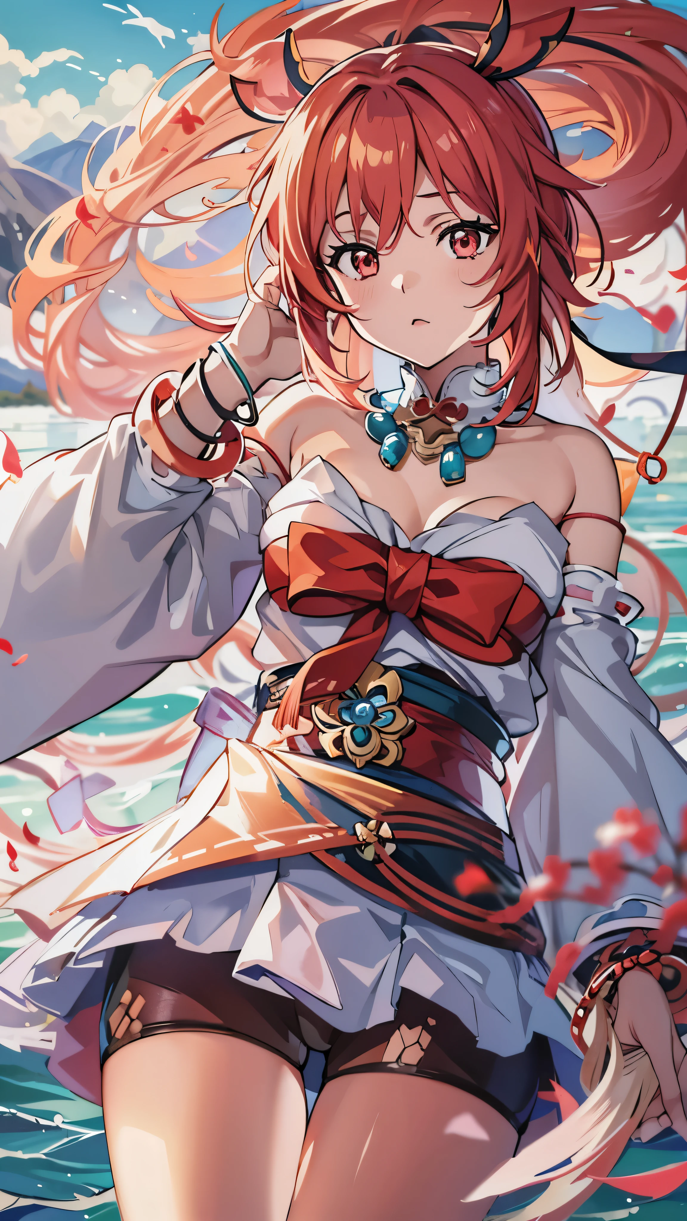 Nirou ( Genshin Impact),  Across the Ocean,  One girl ,  Blurred Background,   closed mouth, Bare arms,  Accessories, Bare sleeves, Bare shoulders, Red Hair,  Bracelet ,  necklace,  cowboy shot,  sideways