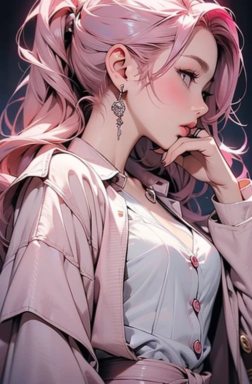 girl with white hair with pink highlights beautiful flat illustration, game concept art, digital art, beautiful video game character, grayish white eyes, sharp teeth, obsessive insane smile, black seductive battle outfit, slender figure, semi-monochromatic, soft and bright, intense bold color palette, elegant artstyle, anime character, digital art oc comission, girl, 1girl, (girl sitting down with bare feet exposed:1.2), portrait, full body portrait, sitting