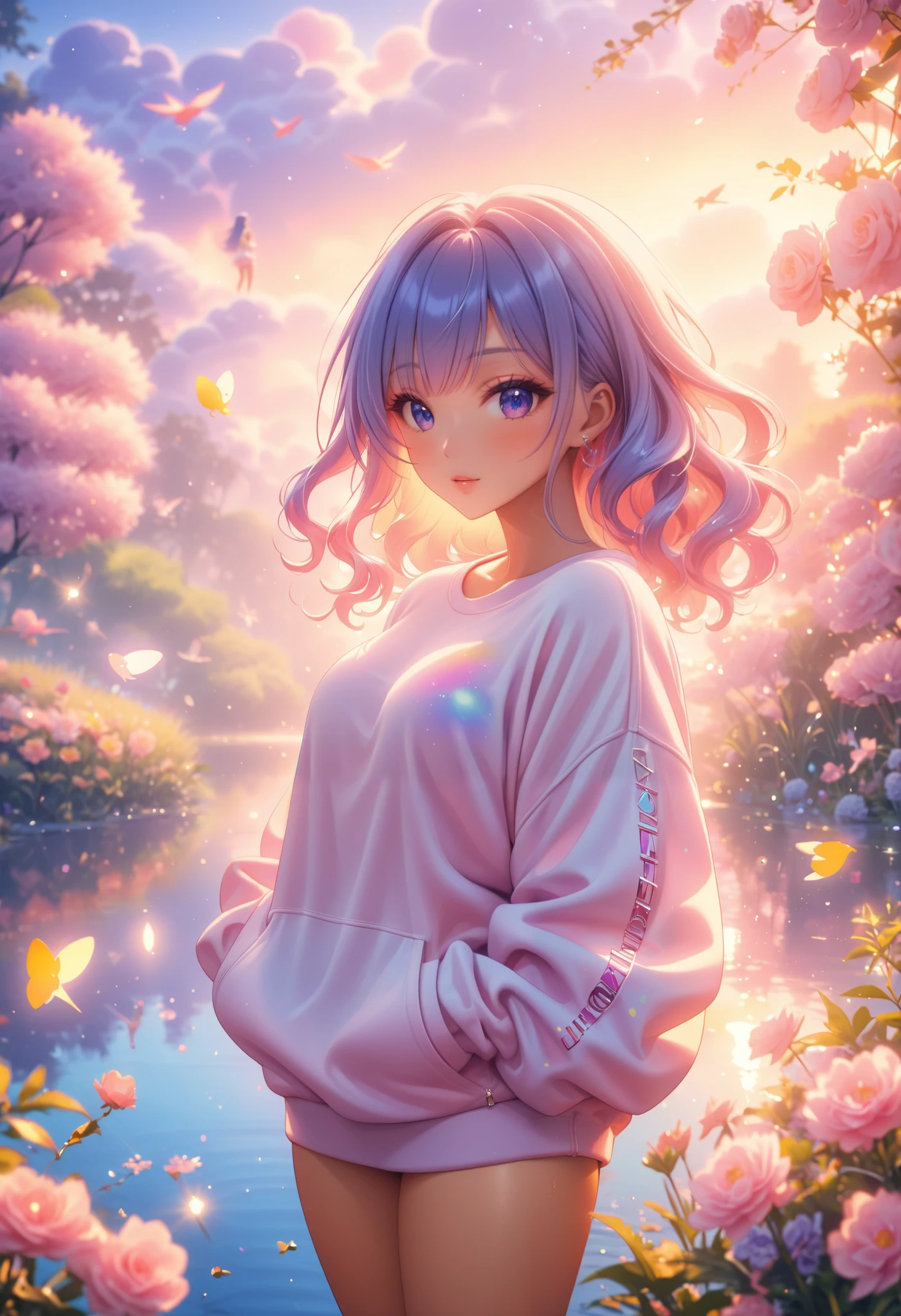 anime,  girl ,  sexy, Charming,  perfect anatomy ,  curvy hair , light, Beautiful Mike , in a sweatshirt,  Light Makeup , Darling, beautiful shapes,  background Summer day , Birds are flying,  beautiful pond , flowers,  masterpiece fails, 8 k,  complicated details, bright colors,  maximum quality,  better quality , HD,