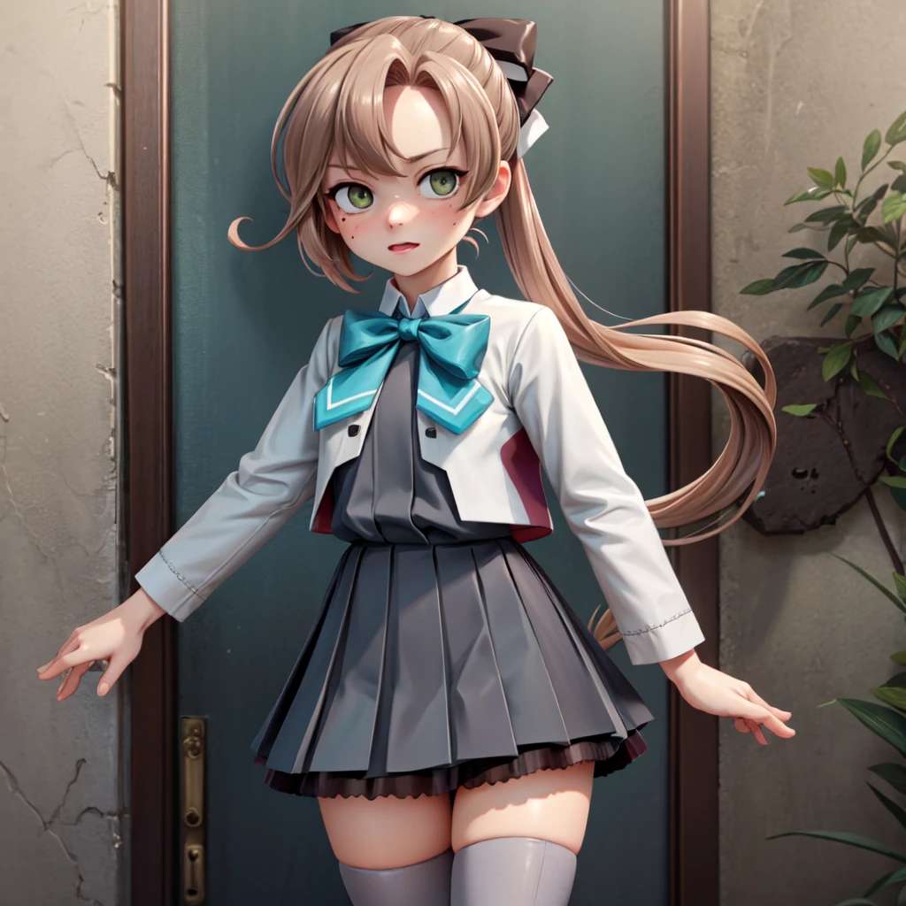 (masterpiece, best quality), female adolescence, pear-shaped, russian, dark brown eyes, normal ears, snub nose, v-shaped chin, straight forehead, unusual face shape, unconventional piercings, scars, purple half-up, half-down hairstyle hair, happiness wearing pinafore dress, demi bra, , crossed legs, standing with legs crossed, showcasing elegance and seduction, dappled lighting, sunlight filtering through leaves, creating a romantic and whimsical atmosphere, a peaceful lakeside retreat, with serene waters and people enjoying recreational activities