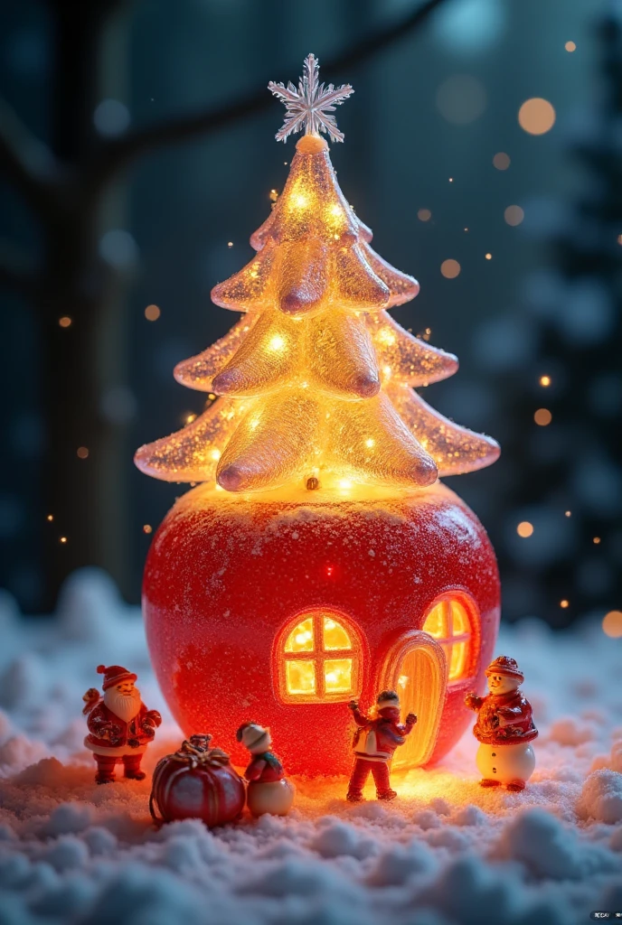 A red apple-shaped house with a giant Christmas tree on top, wrapped in golden fairy lights glowing warmly. The tree branches are adorned with small snowflake ornaments. The windows of the house emit a soft yellow light, and in front of the door, a group of tiny figures dressed in Christmas costumes are busy: one decorates the door frame, another unloads a large sack of presents from a sled, while a third places a scarf on a snowman. In the background, a snow-covered forest fades into the distance, with delicate snowflakes falling from the sky.