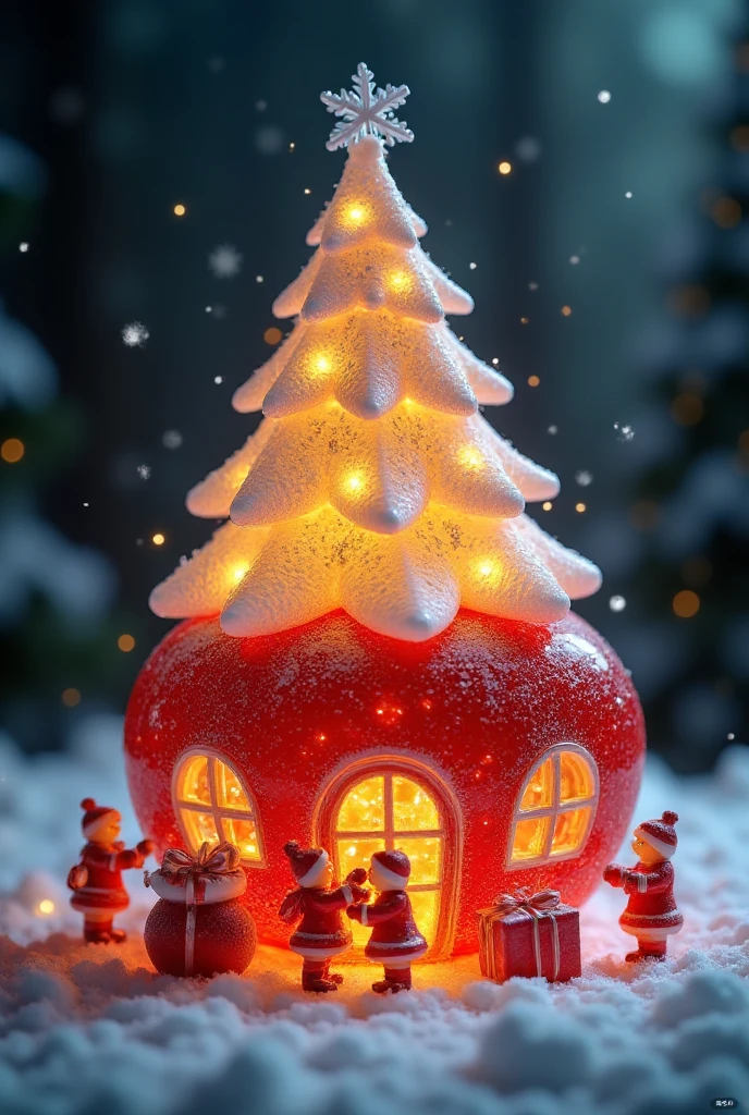 A red apple-shaped house with a giant Christmas tree on top, wrapped in golden fairy lights glowing warmly. The tree branches are adorned with small snowflake ornaments. The windows of the house emit a soft yellow light, and in front of the door, a group of tiny figures dressed in Christmas costumes are busy: one decorates the door frame, another unloads a large sack of presents from a sled, while a third places a scarf on a snowman. In the background, a snow-covered forest fades into the distance, with delicate snowflakes falling from the sky.