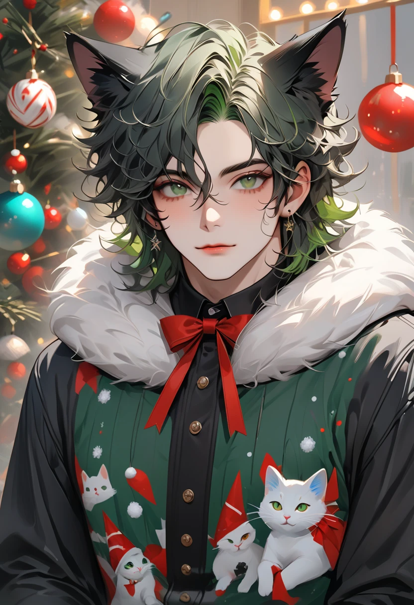 {{{{{best quality, masterpiece}}}}}, {{{{{painterly, art, perfect art, extremely detailed, huge filesize, very aesthetic}}}}}, ,cat kemonomimi,christmas clothing,green hair, black clothes, black fur,male