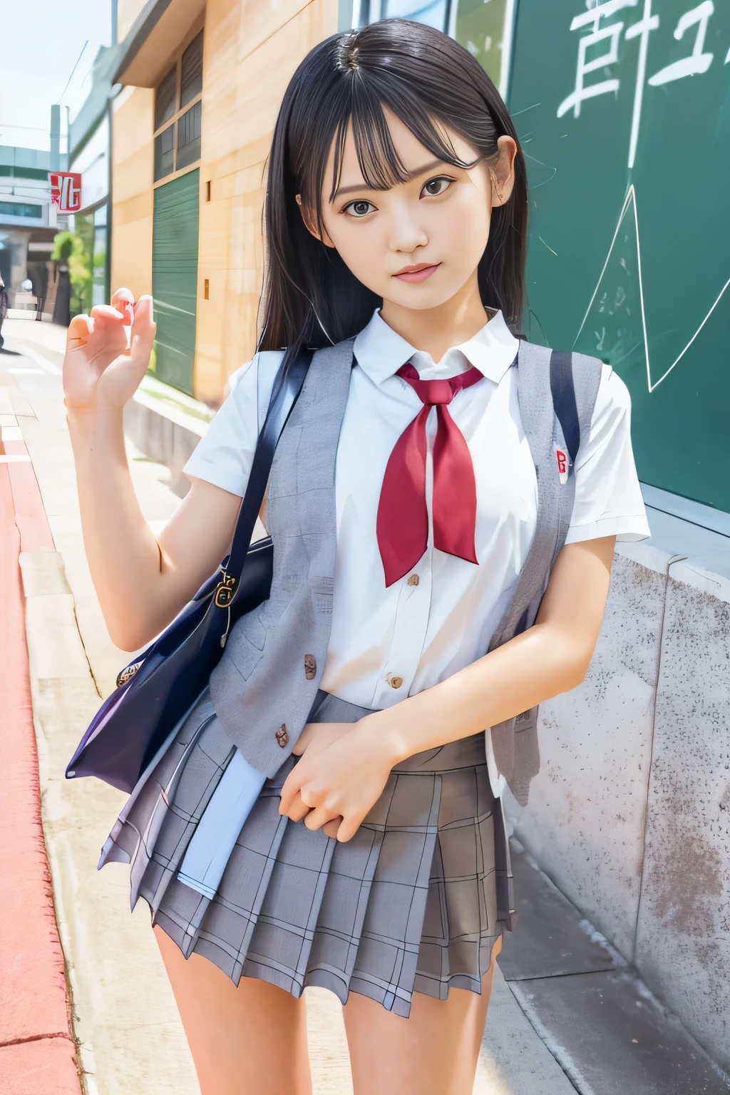 (Japanese Beauty ),( beautiful faces 、18age、 beautiful big eyes),( slender 、Thin legs、Woman with curvaceous figure ), Schoolgirl、( Japanese high school uniform 、Gray plaid vest、 white short sleeve blouse、Grey checked mini skirt) 、((Tucked Skirt))、( gentle smile、Seduce you) 、((( sexy)))、(( cute pose)) 、((( embarrassing )))、((8k, high detail 、 masterpiece、 high quality))、In front of the station、the way