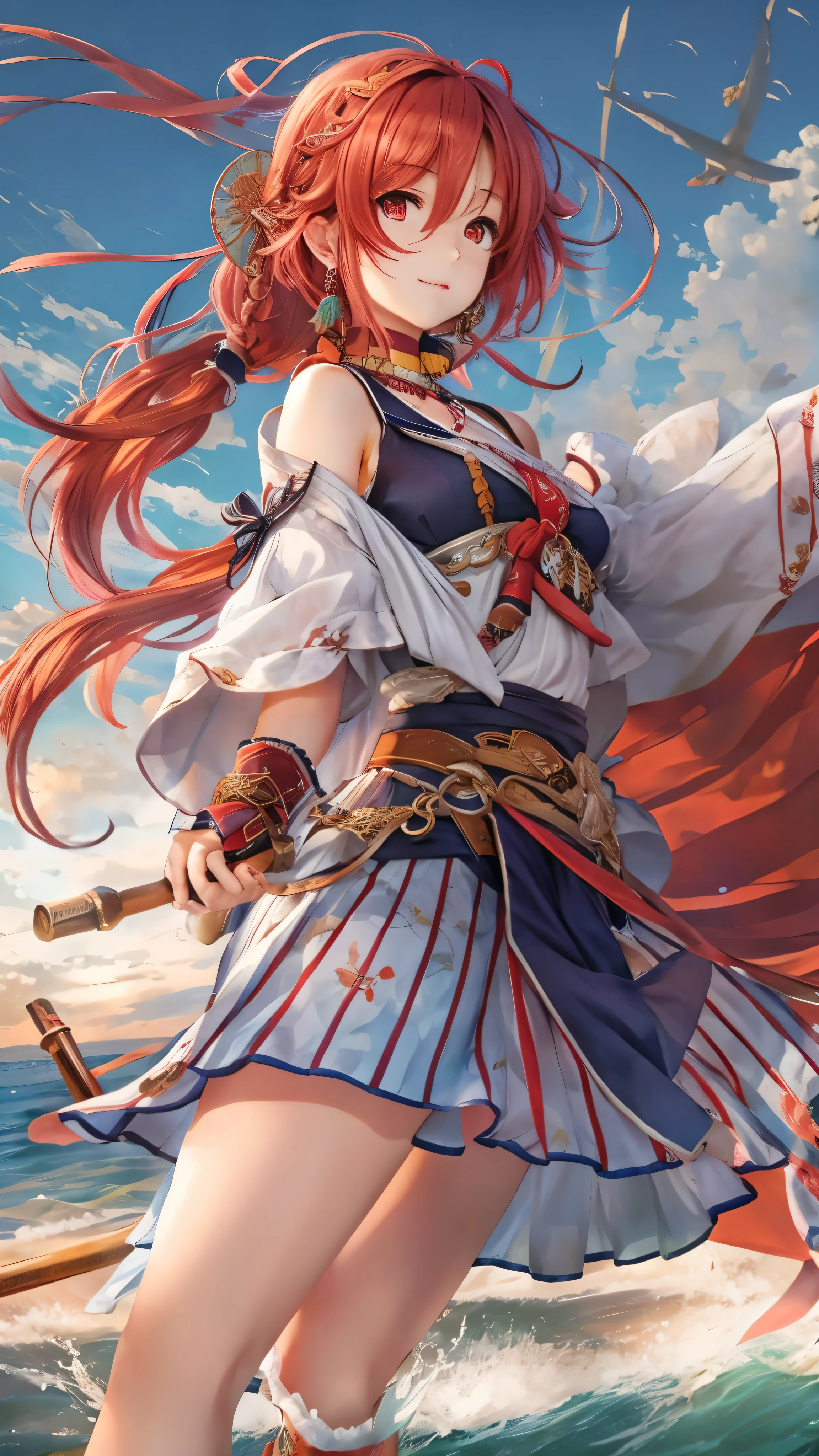 Nirou ( Genshin Impact),  Across the Ocean,  One girl ,  Blurred Background,   closed mouth, Bare arms,  Accessories, Bare sleeves, Bare shoulders, Red Hair,  Bracelet ,  necklace,  cowboy shot,  sideways