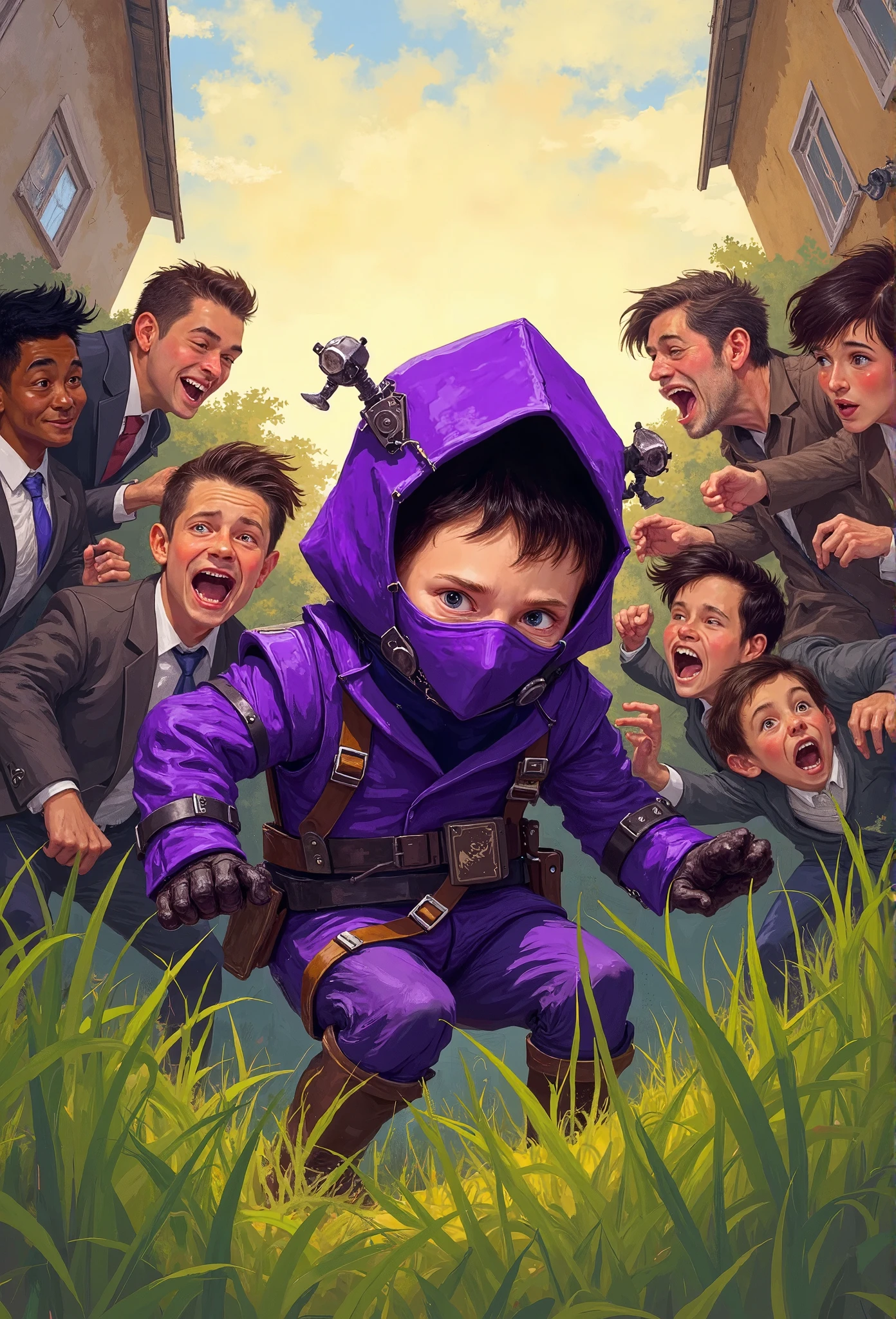  small mascot character artwork ,  boy in purple ninja cosplay, Clumsy character ,  ninja trying to hide in ninjutsu and failing,  trying to hide behind tall grass ,  Ninjas are excited and can't hide their breath , Passers-by find out my identity and I'm surprised, Passers-by flying when they see a ninja , Vacant lot in a residential area ,  there are many passers-by for one ninja ,  it's about time of nightfall 。