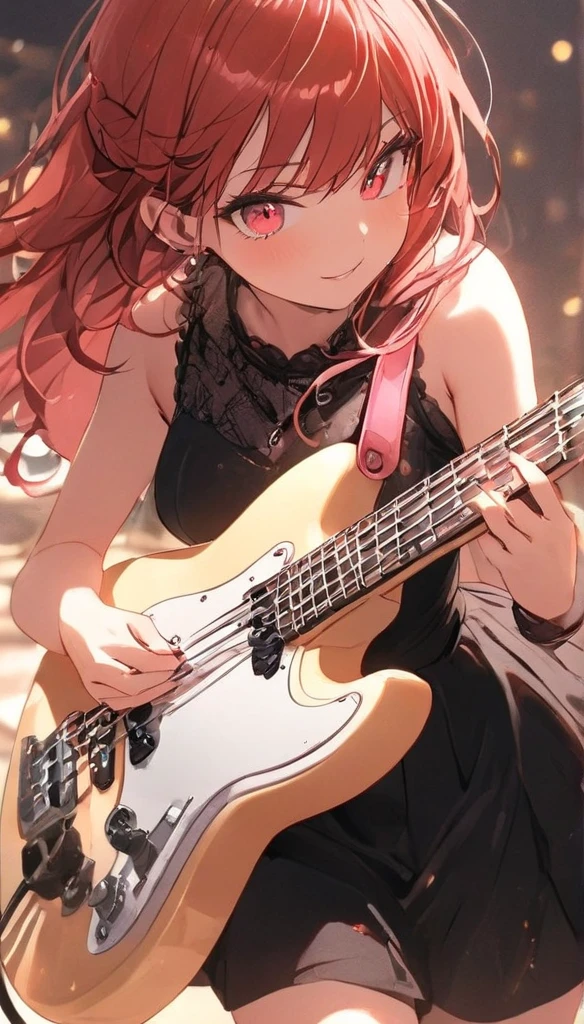 1girl, black shirt, electric guitar, gibson les paul, green eyes, guitar, hair between eyes, holding, holding instrument, instrument, long hair, microphone, music, one side up, open mouth, playing instrument, shirt, short sleeves, solo, sweat, red hair,<lora:kita_locon_v1a:0.7>