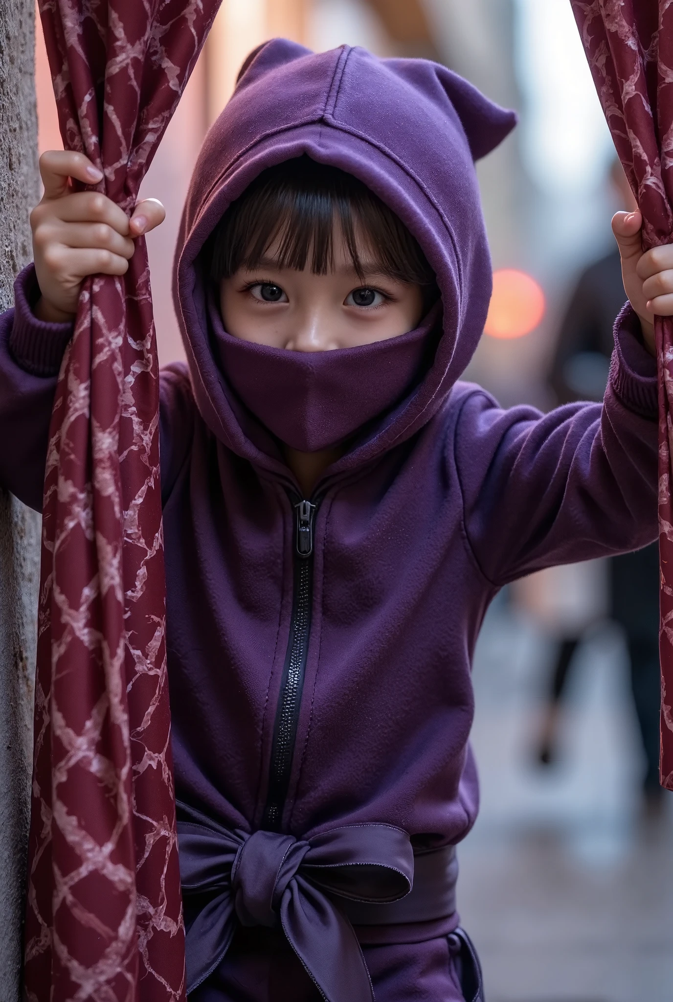 A young ninja boy in a purple ninja costume, a clumsy character, trying to hide with ninja techniques but failing, standing with his back against the wall and covering his face with both hands, holding a curtain with the same pattern as the wall, the ninja is excited and cannot hide his breath, being discovered by passers-by who are startled to see the ninja, passers-by fleeing in surprise at the sight of the ninja

(best quality,4k,8k,highres,masterpiece:1.2),ultra-detailed,(realistic,photorealistic,photo-realistic:1.37),highly detailed,extremely detailed,intricate details,very detailed, cute, adorable, mischievous, comical,colorful,vibrant colors,dramatic lighting,moody lighting,dynamic pose,playful,humorous,fun,quirky,whimsical,fantasy,magical realism,cinematic,atmospheric,dynamic,striking,impactful,compelling,dramatic