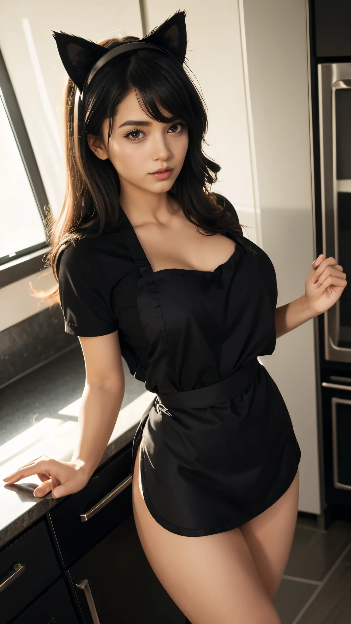 Cute beauty with cat ears, (black apron:1.4), black undies, ample breasts, big hips, thin waist, cooking at the kitchen, (kitchen_background:1.2), warm tone, toned skin.