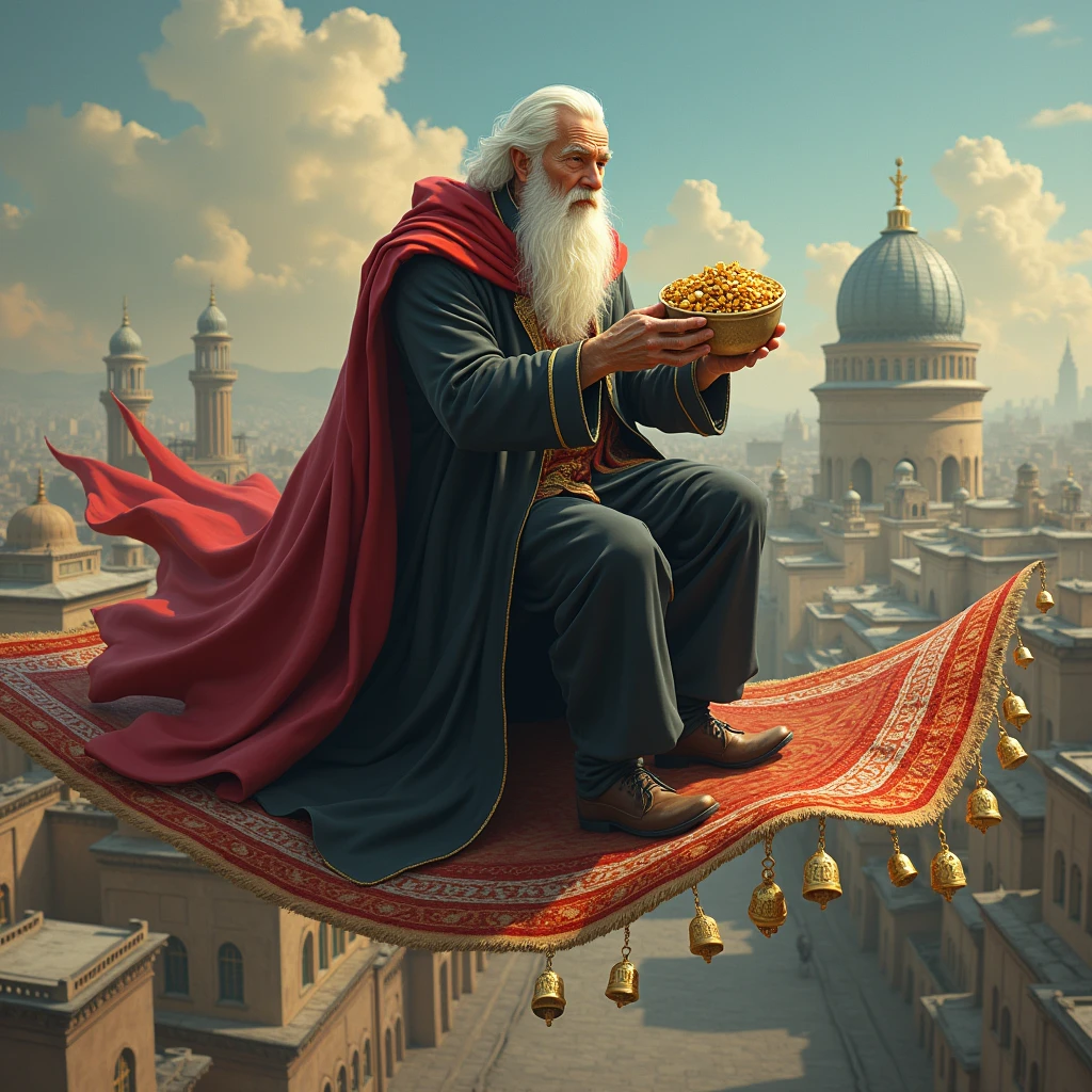 Anime, theme "Red cloak and bells", a man wearing a black tailcoat and a red cloak riding on a magic carpet, with a white beard, holding gold, silver, and copper tin in his hands, flying over a city with a mosque, surrealism, 8K quality, painterly