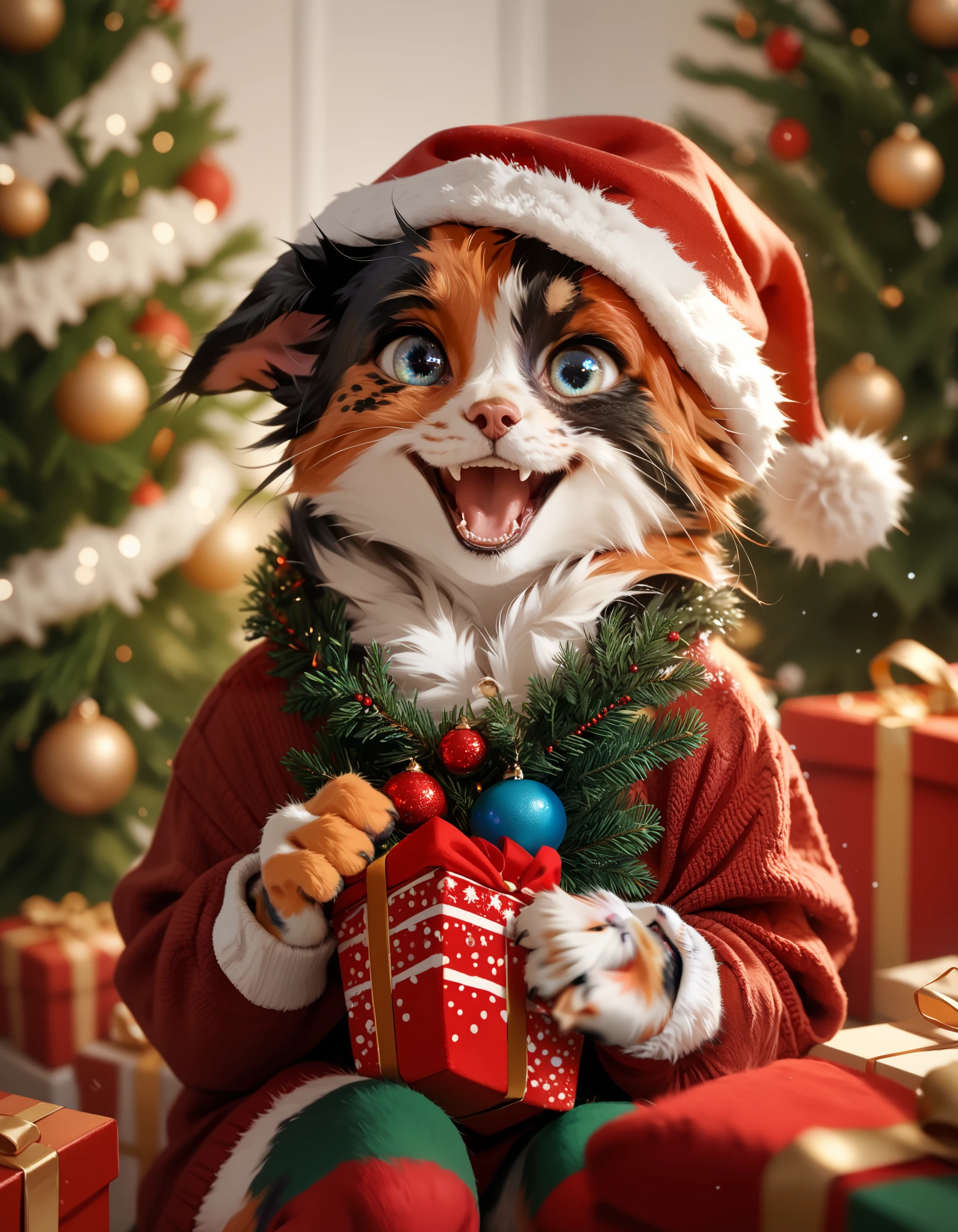 A happy calico kitten's head is showing up from a Christmas stocking,, smiling, background Christmas tree, 