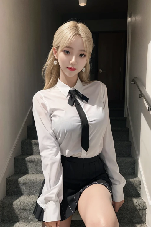Korean school uniform，White transparent button shirt，JK uniform miniskirt，School Classroom，school stairs，Chest thrust pose，8K Ultra HD raw photos，A high resolution，17-year-old South Korean，very large round breasts，，beautiful eyes in detail，long eyelasher，beautiful double eyelid，eye shadows，eyes liner，Elongated eyes，Elongated eye shape，Sanpaku eyes，evilsmile，Evil expression，Beautiful and very thin legs， Beautiful and very thin thighs，Random long hair，Hair tied behind the head，耳Nipple Ring，Bright blonde hair，sexyposture，Hide your hands
