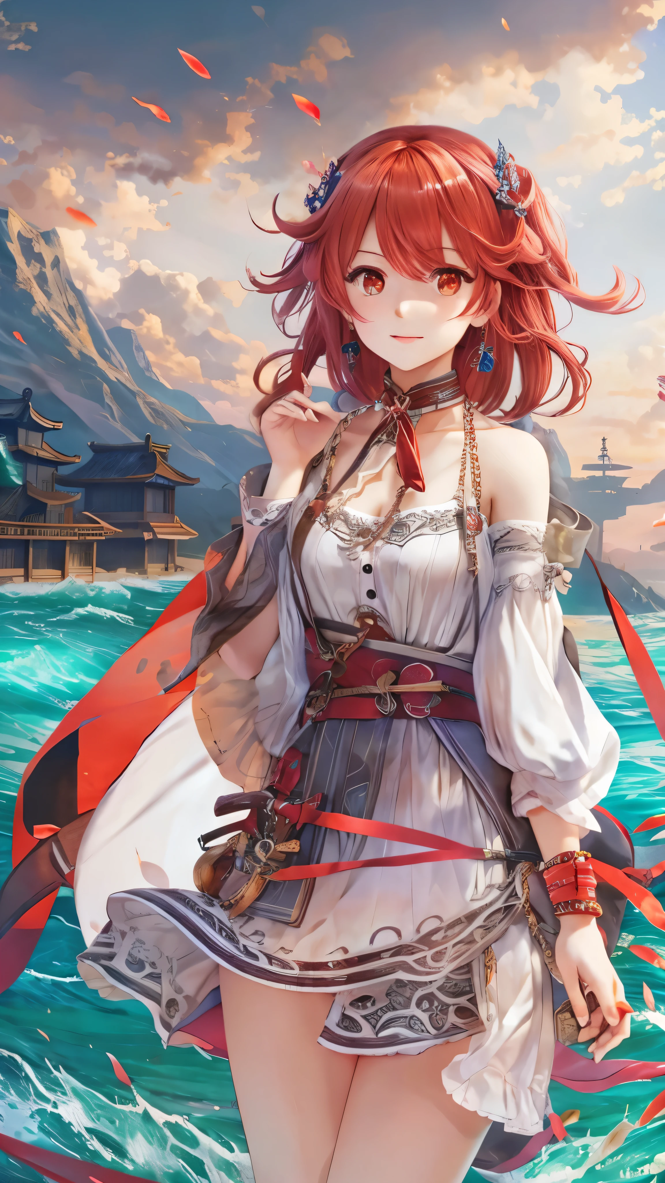 Nirou ( Genshin Impact), Across the Ocean, One girl , Blurred Background, closed mouth, Bare arms, Accessories, Bare sleeves, Bare shoulders, Red Hair, Bracelet , necklace, cowboy shot, sideways