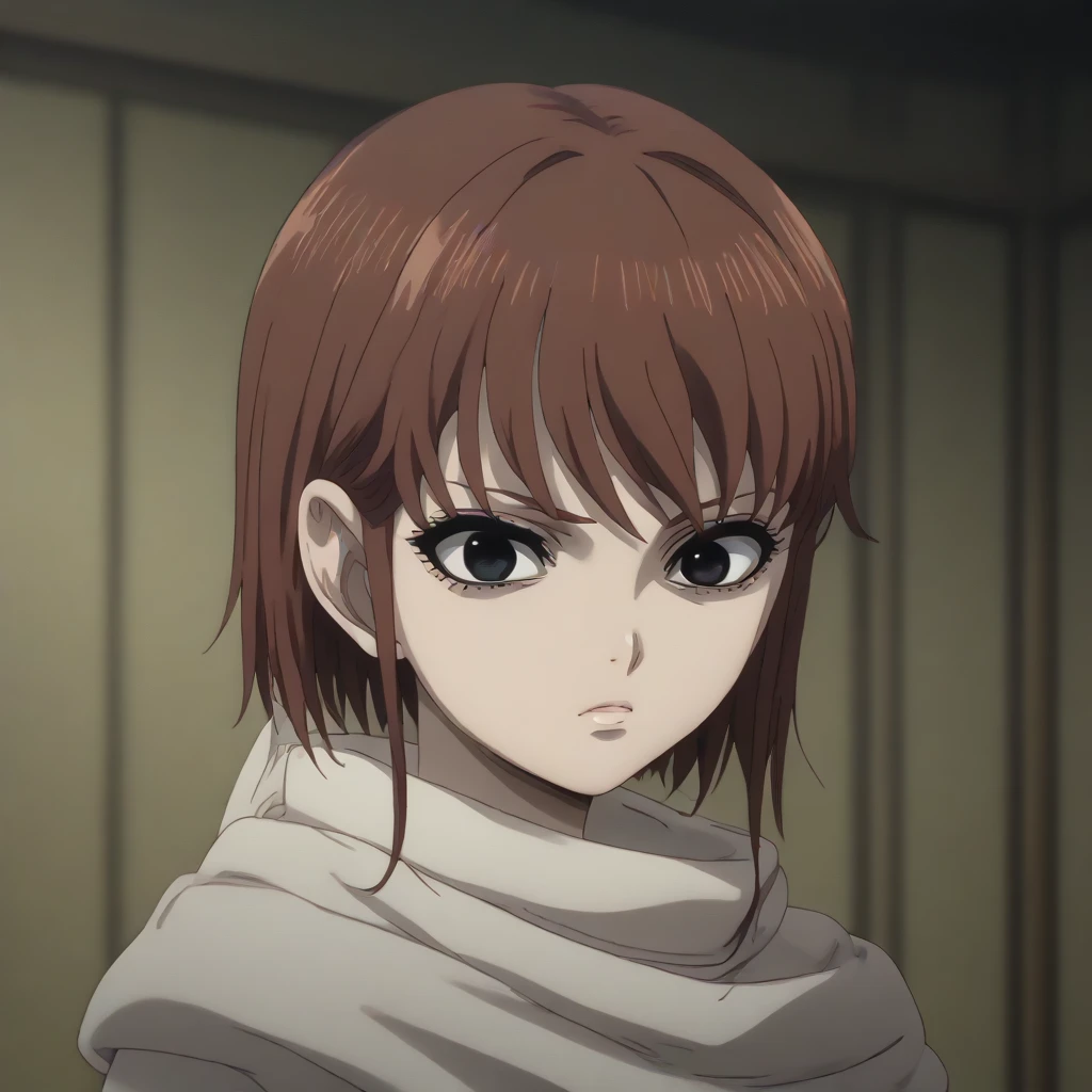 Fujifilm, UHD, masterpiece, textured skin, high details, best quality, highres, 8k, 16k ((Mizumoto Yukari )) ((((brown hair long hair bob cut hair style black eyes no pupils )))) score_9, score_8_up, score_7_up, (1child) kyoukai cowl