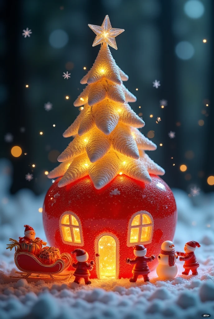 A red apple-shaped house with a giant Christmas tree on top, wrapped in golden fairy lights glowing warmly. The tree branches are adorned with small snowflake ornaments. The windows of the house emit a soft yellow light, and in front of the door, a group of tiny figures dressed in Christmas costumes are busy: one decorates the door frame, another unloads a large sack of presents from a sled, while a third places a scarf on a snowman. In the background, a snow-covered forest fades into the distance, with delicate snowflakes falling from the sky.